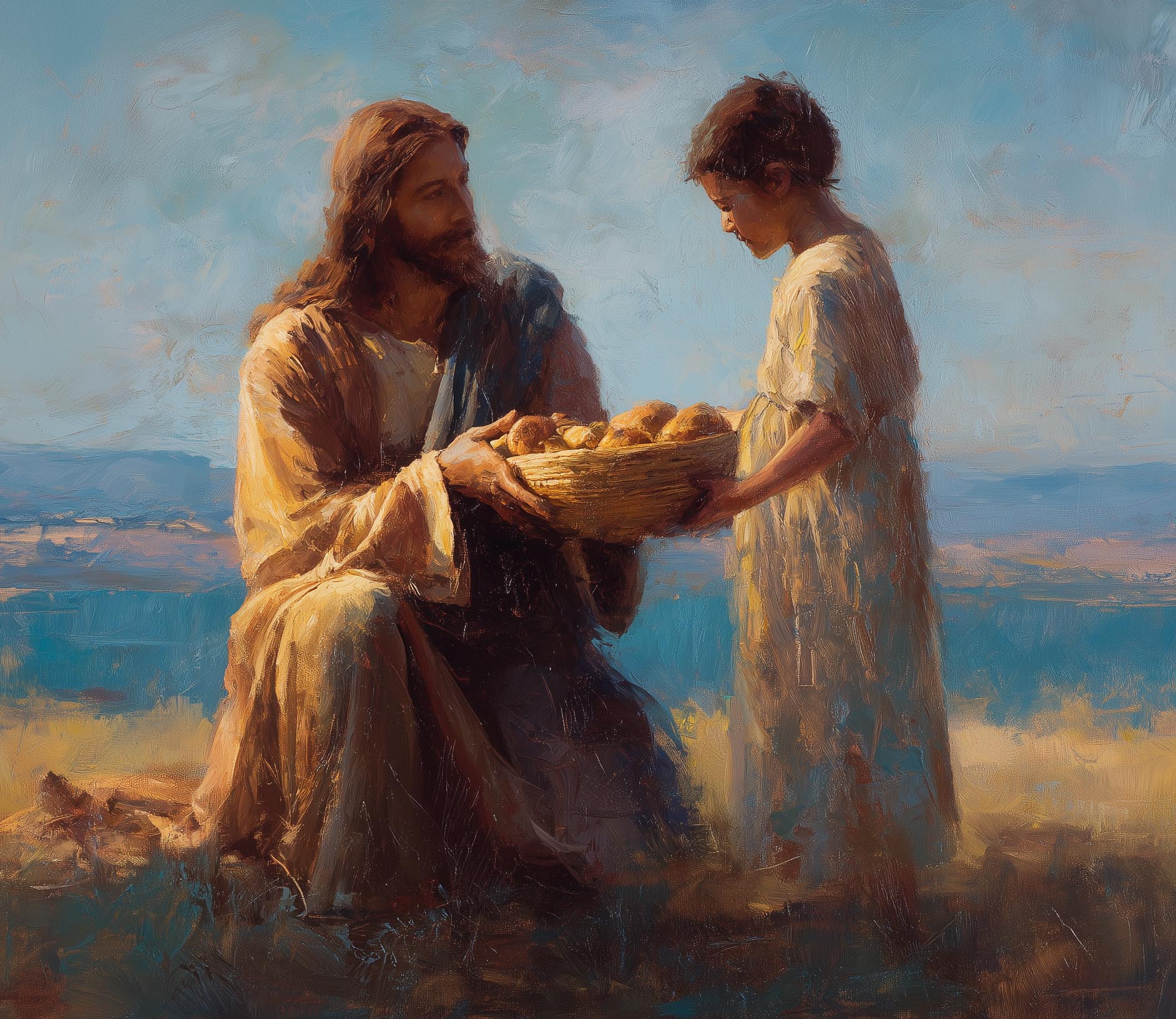 Sacred oil painting of Jesus receiving a basket with five loaves and two fish from a young boy, biblical scene near the Sea of Galilee with bright blue sky, Christian canvas wall art, faith-inspired artwork by Faith Worldwide.