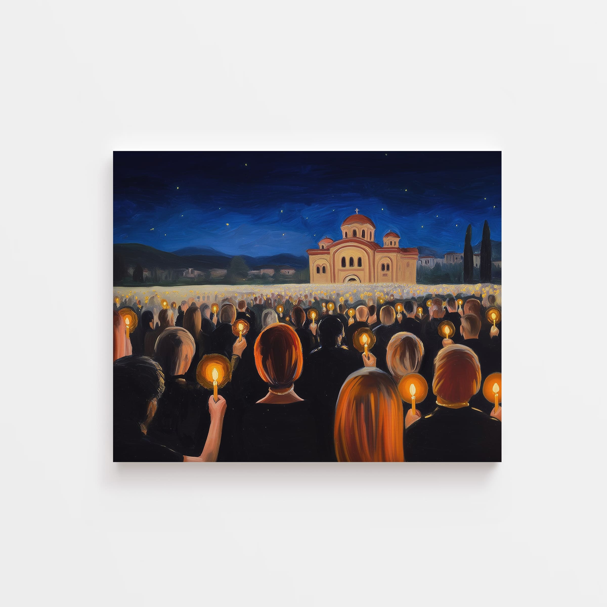 Orthodoxes Osterfest bei Nacht – Gläubige mit Kerzen vor beleuchteter byzantinischer Kirche – Fine Art christliche Wandbilder als Poster und Canvas