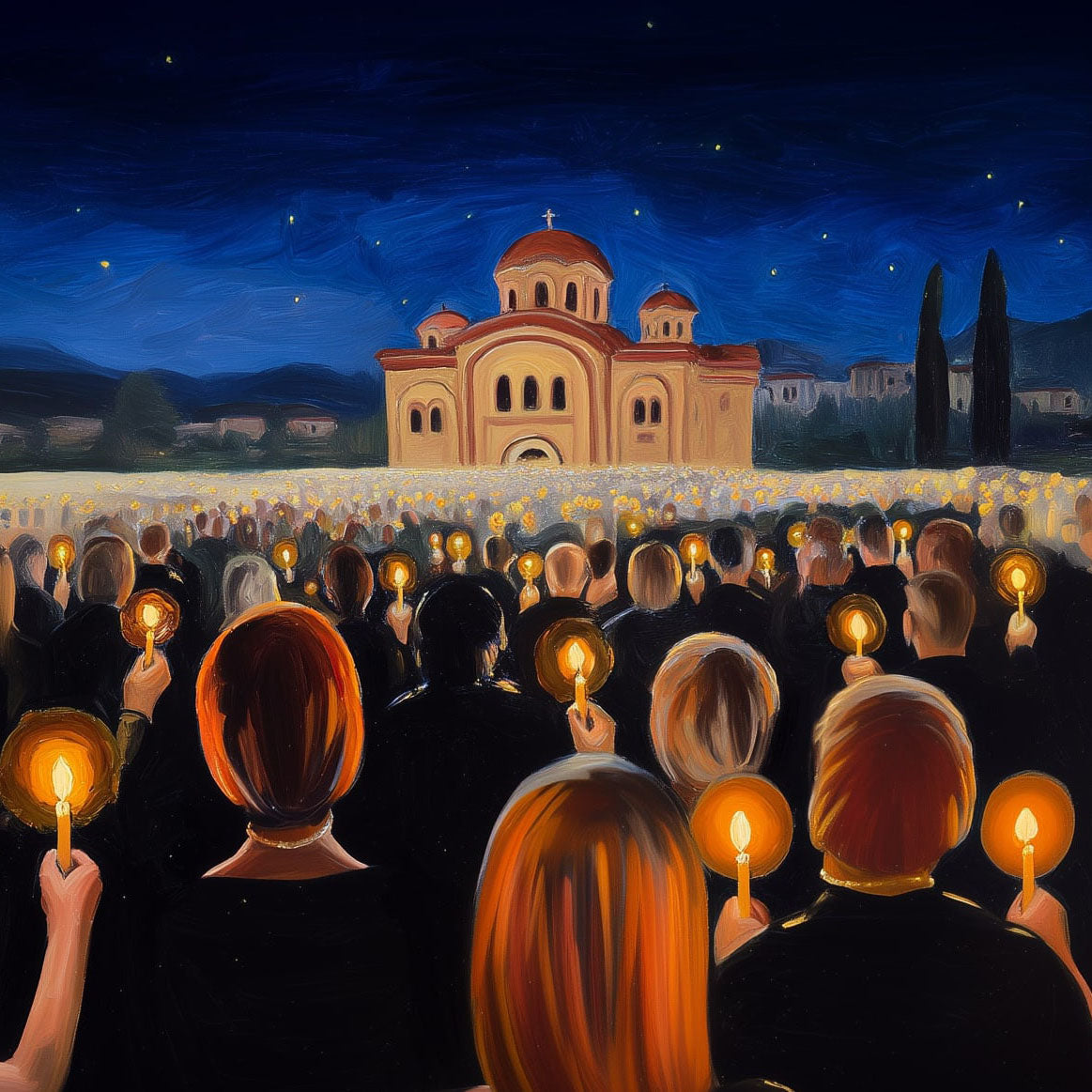 Christliche Kunst – Orthodoxe Osternacht mit Kerzenprozession vor byzantinischer Kirche – Inspirierendes Fine Art Gemälde für Poster oder Canvas