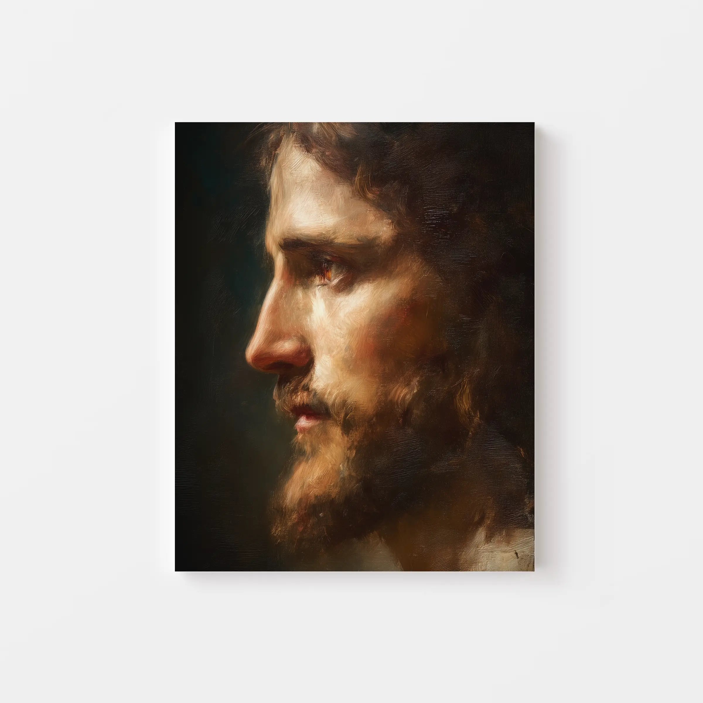 Framed oil painting portrait of Jesus Christ titled “Alpha and Omega,” featuring soft golden light and masterful brushstrokes. Fine art Christian wall decor by Faith Worldwide, inspired by John 8:12 — “I am the light of the world.”