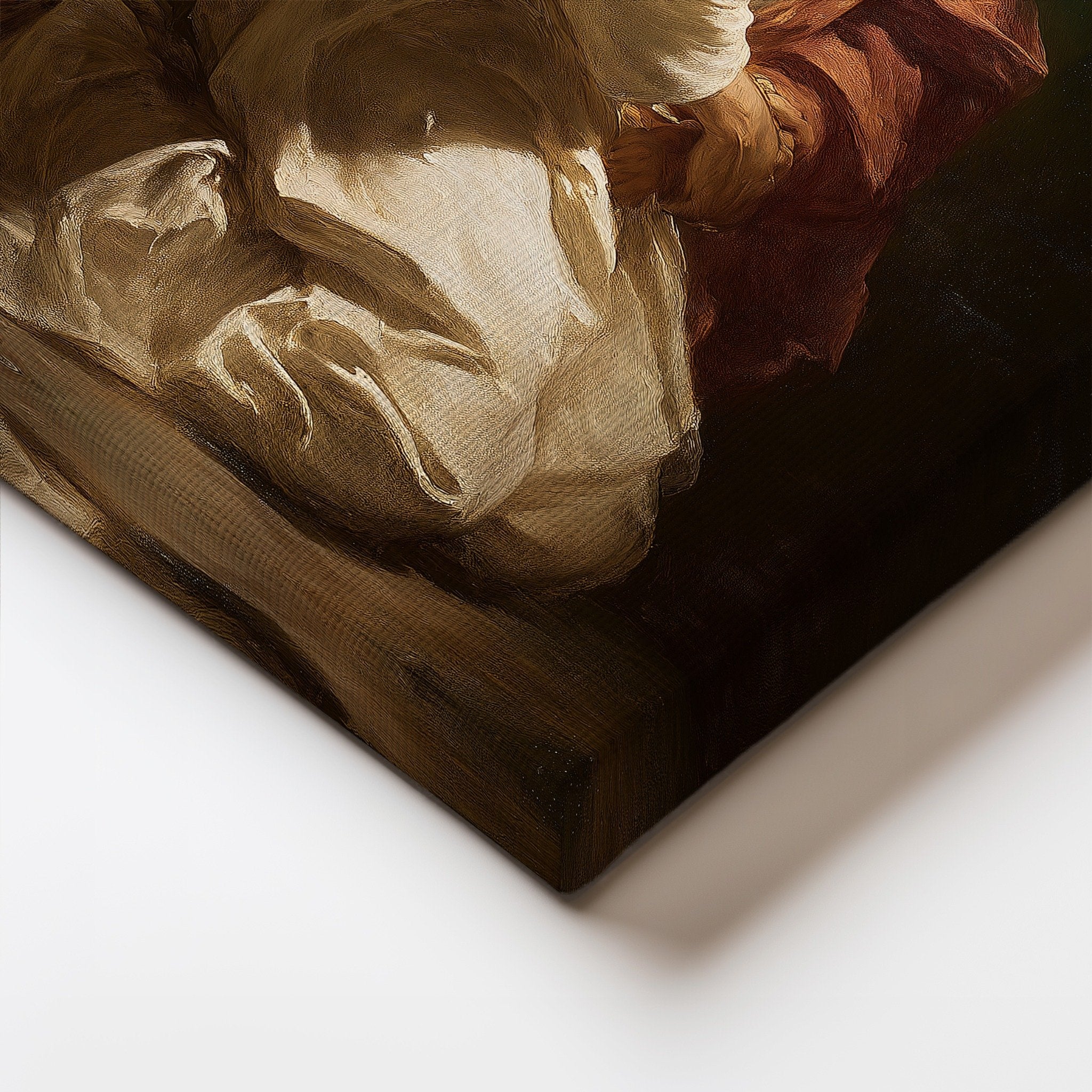 Close-up of Christian canvas artwork – fine texture and brushstrokes of religious art on high-quality stretched canvas