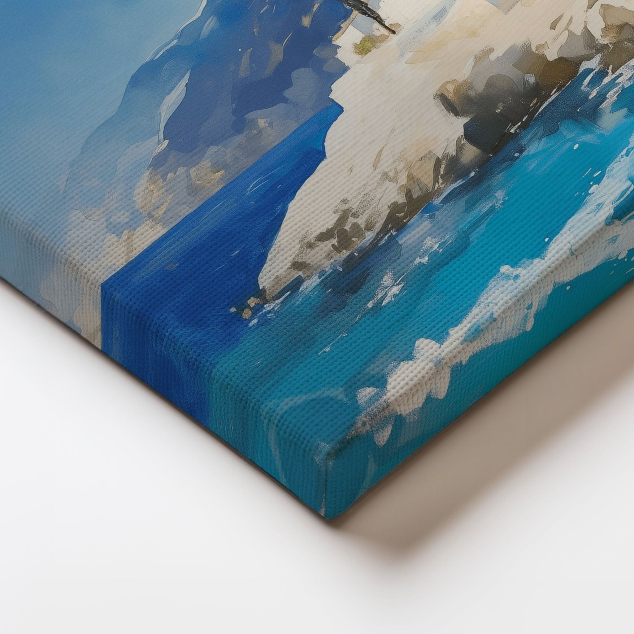 Christian canvas art print of an ocean landscape painting with rocky coast and vivid blue water – faith-inspired wall decor