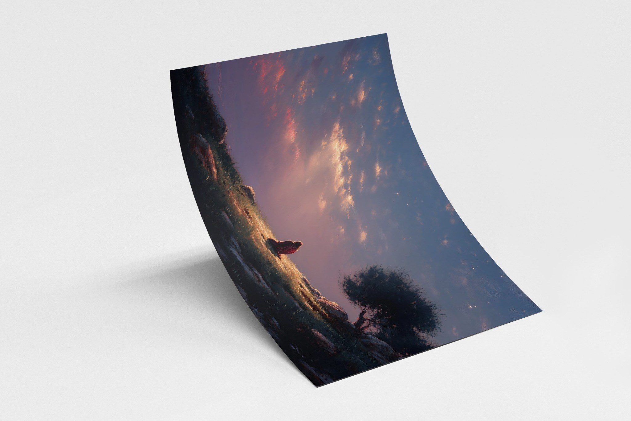 Christian art print of Jesus praying in the Garden of Gethsemane at sunset – symbolic wall decor with deep spiritual meaning and biblical significance.