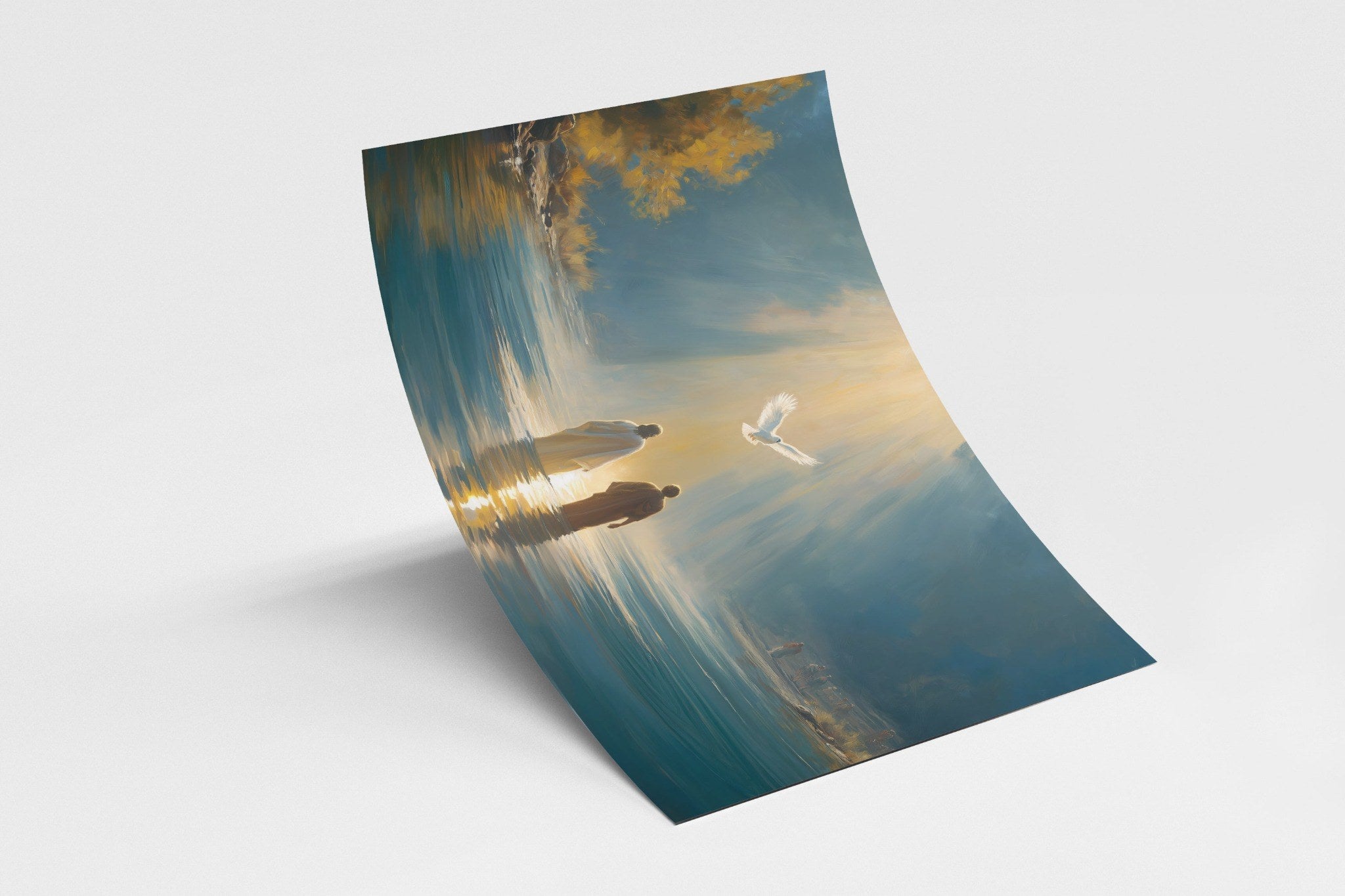 Biblisches Poster mit Taufszene Jesu im Jordan – sanfte Farben und symbolischer Lichtstrahl machen diesen christlichen Print zu einem inspirierenden Kunstwerk für Gläubige.