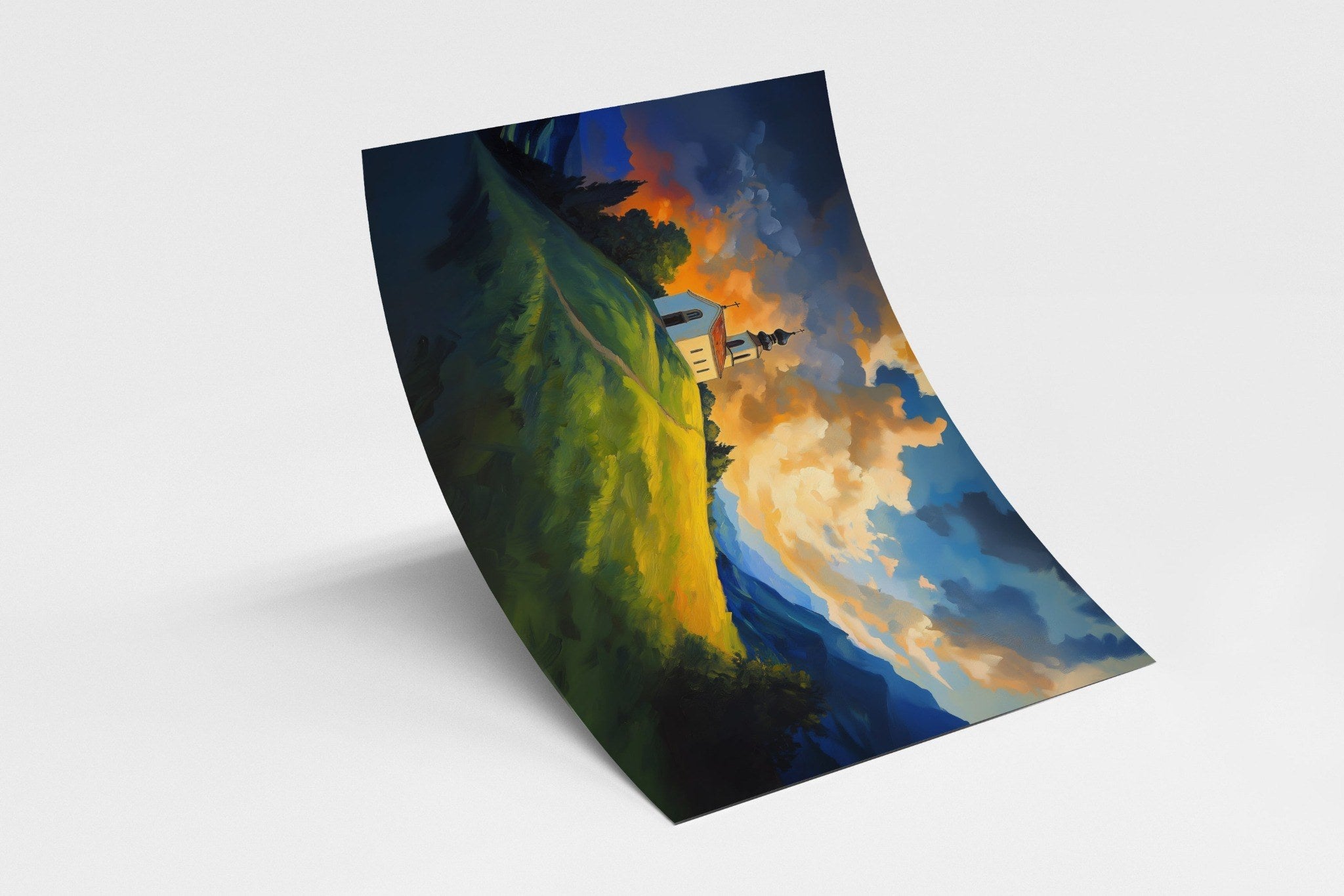 Faith-inspired fine art poster of a hillside chapel at sunset – radiant Christian wall art symbolizing hope, solitude, and spiritual reflection