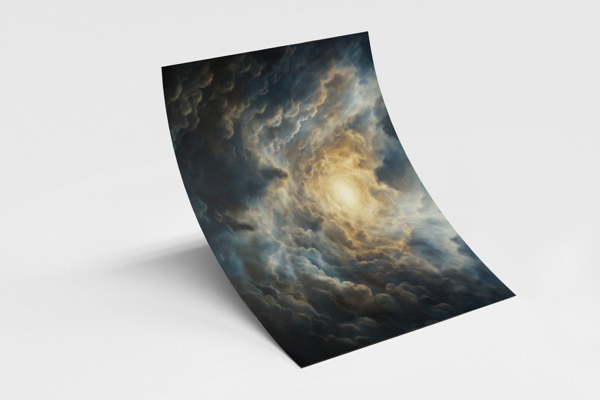 Dramatic Christian wall art showing divine light breaking through stormy clouds – a powerful symbol of creation and faith.