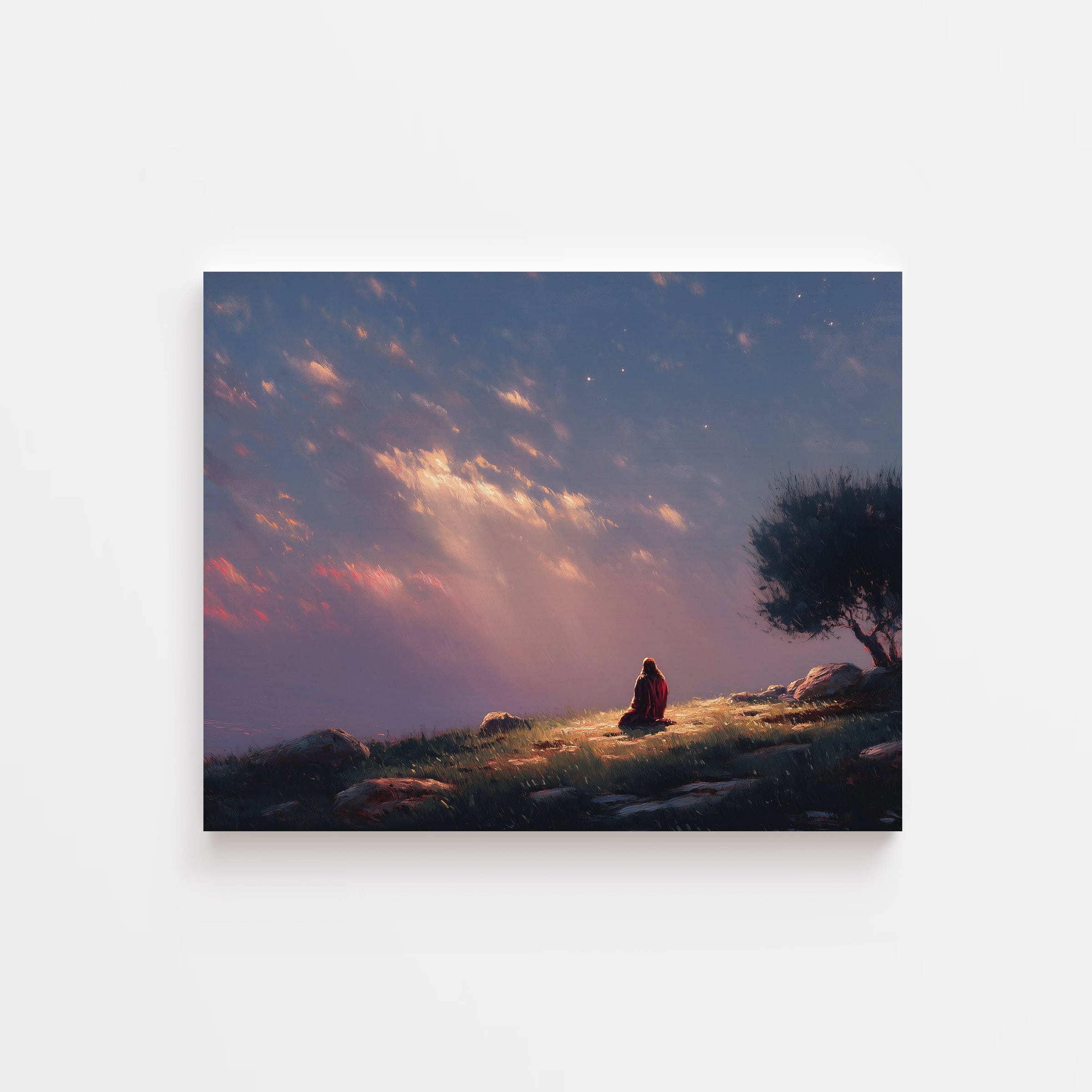 Jesus alone at dusk, under a radiant sky – inspirational Christian poster about quiet strength and trust