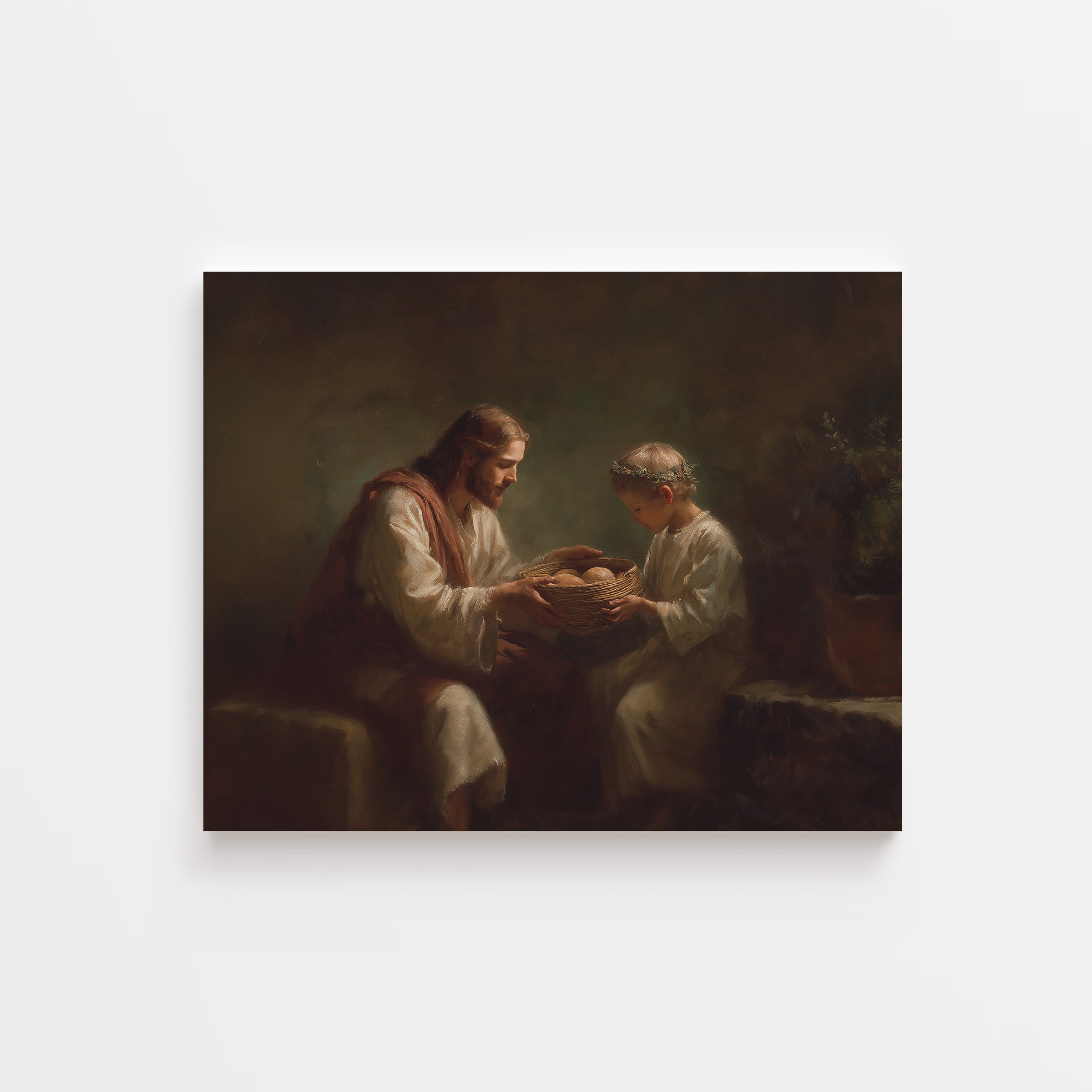 Jesus giving a basket of bread to a child – symbolic Christian art of charity, love, and compassion