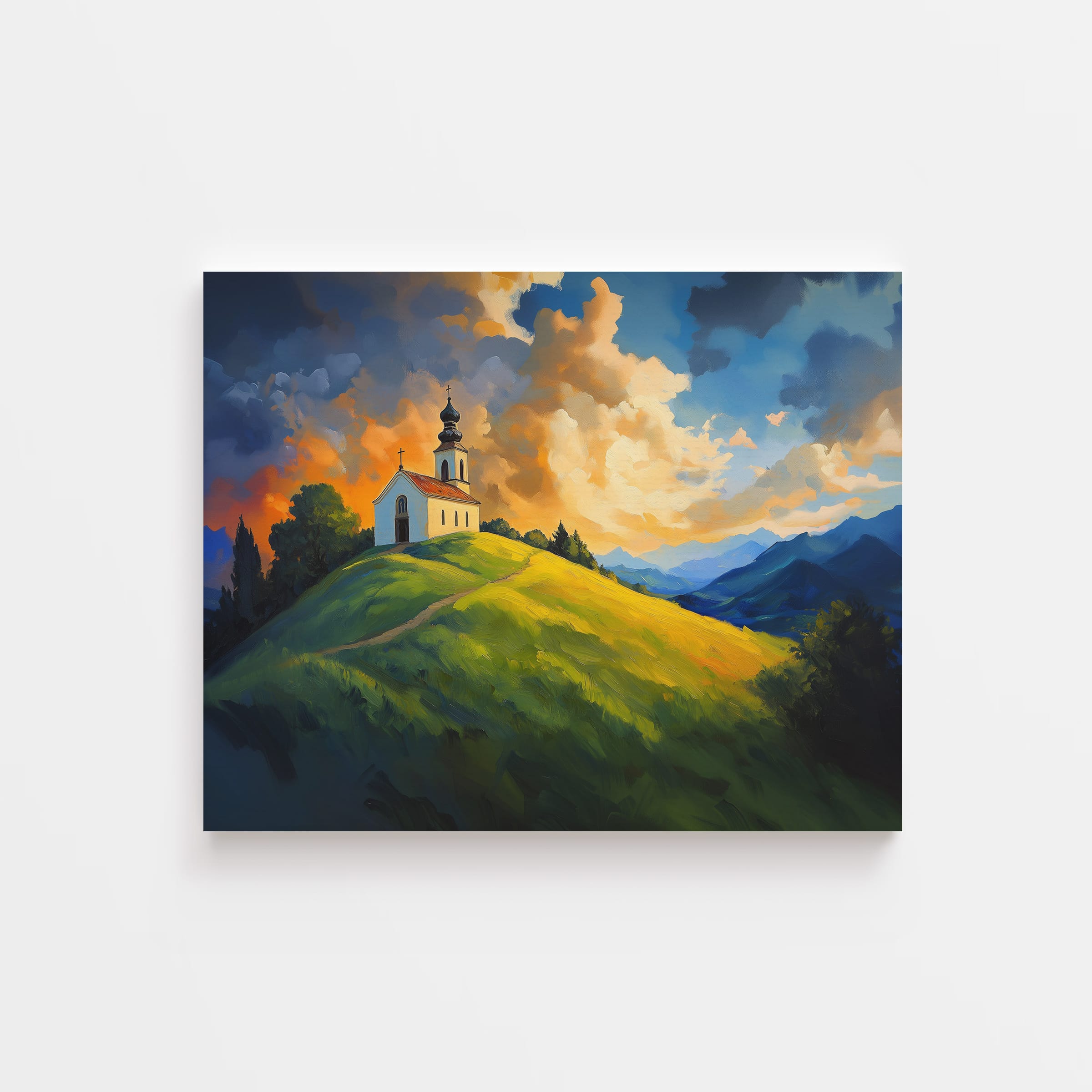 Canvas artwork of a sunlit countryside church on a hill – Christian landscape art capturing divine peace, glowing skies, and rural serenity