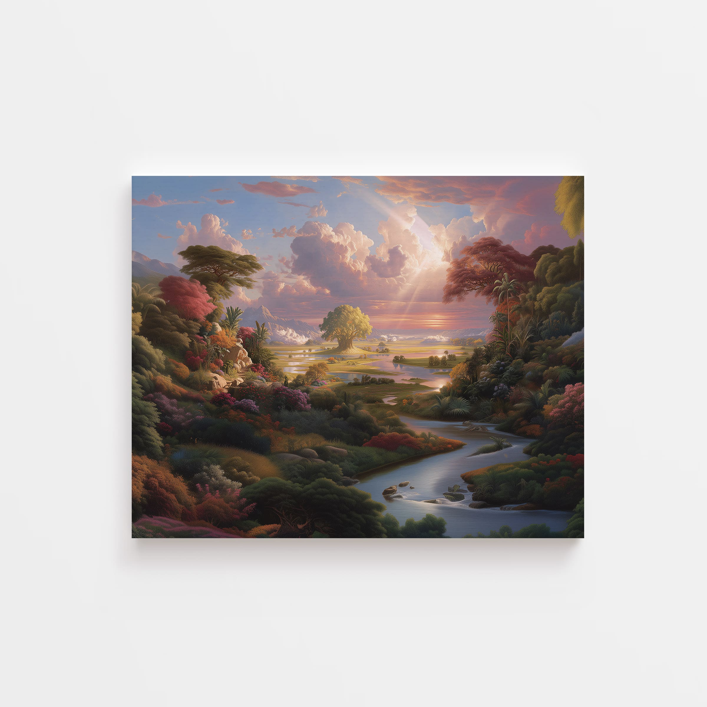 Vibrant landscape of the Garden of Eden – Christian creation-themed canvas print with heavenly light