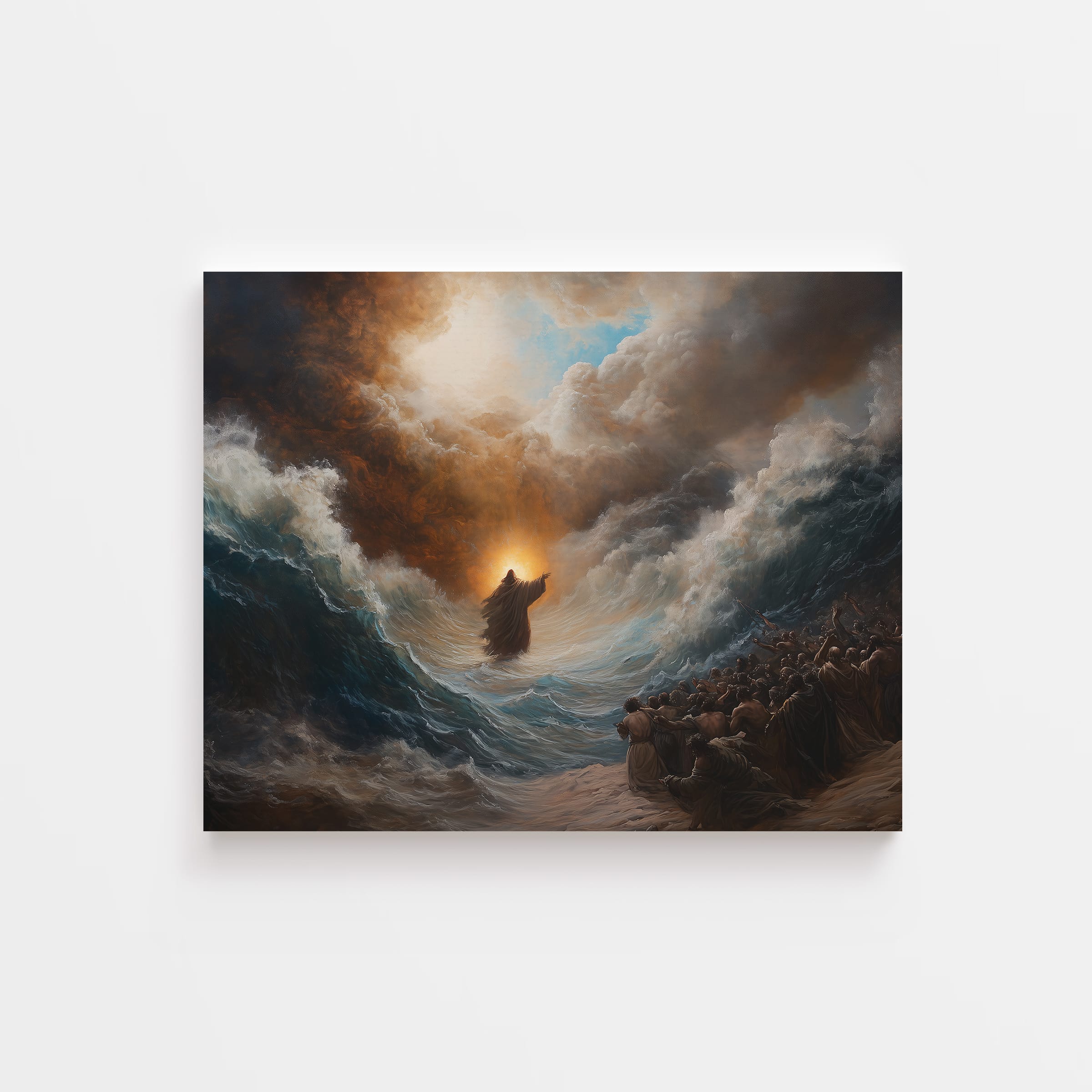 Faith-based wall art of Moses parting the Red Sea – dramatic Christian canvas inspired by the Book of Exodus