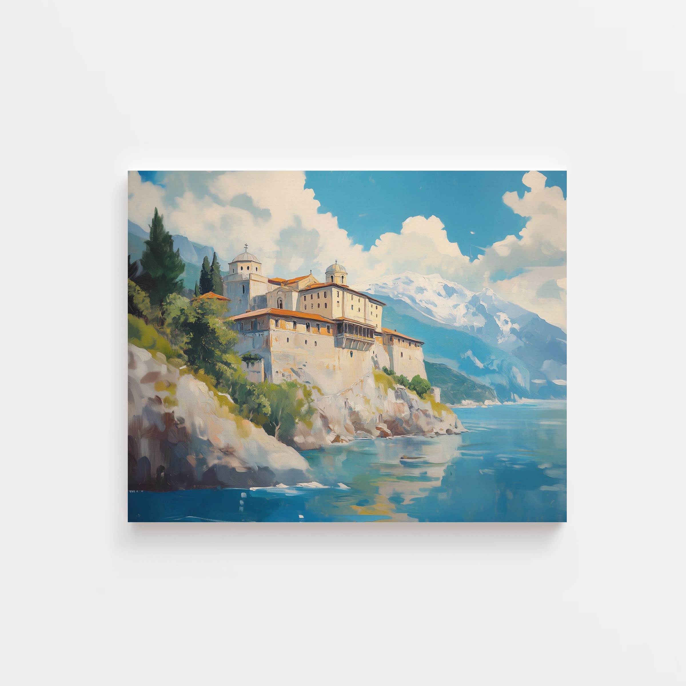 Monastery by the mountains and lake – Christian architectural canvas print with peaceful natural scenery