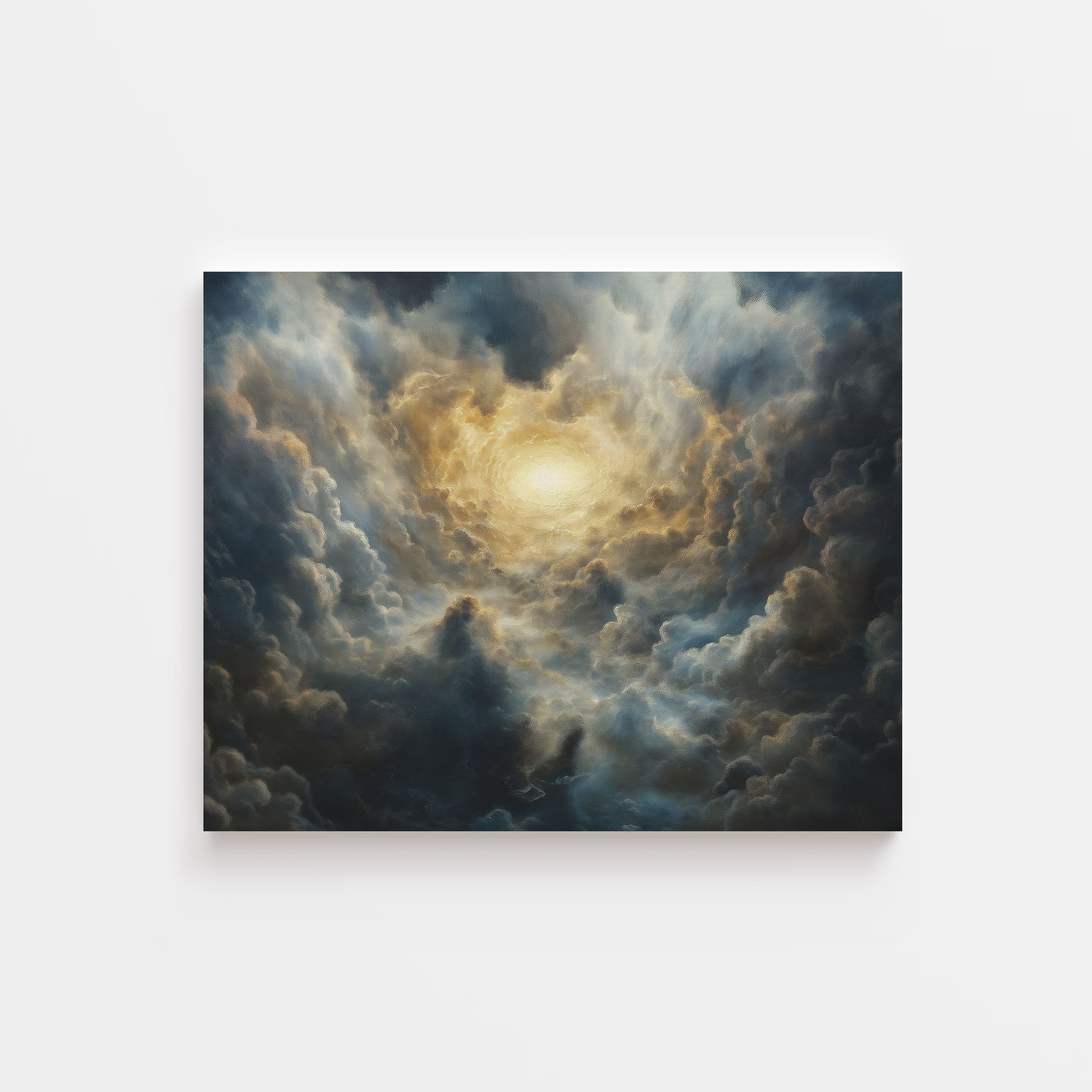 Christian wall art inspired by Genesis 1 – swirling clouds and divine light symbolizing the beginning of
