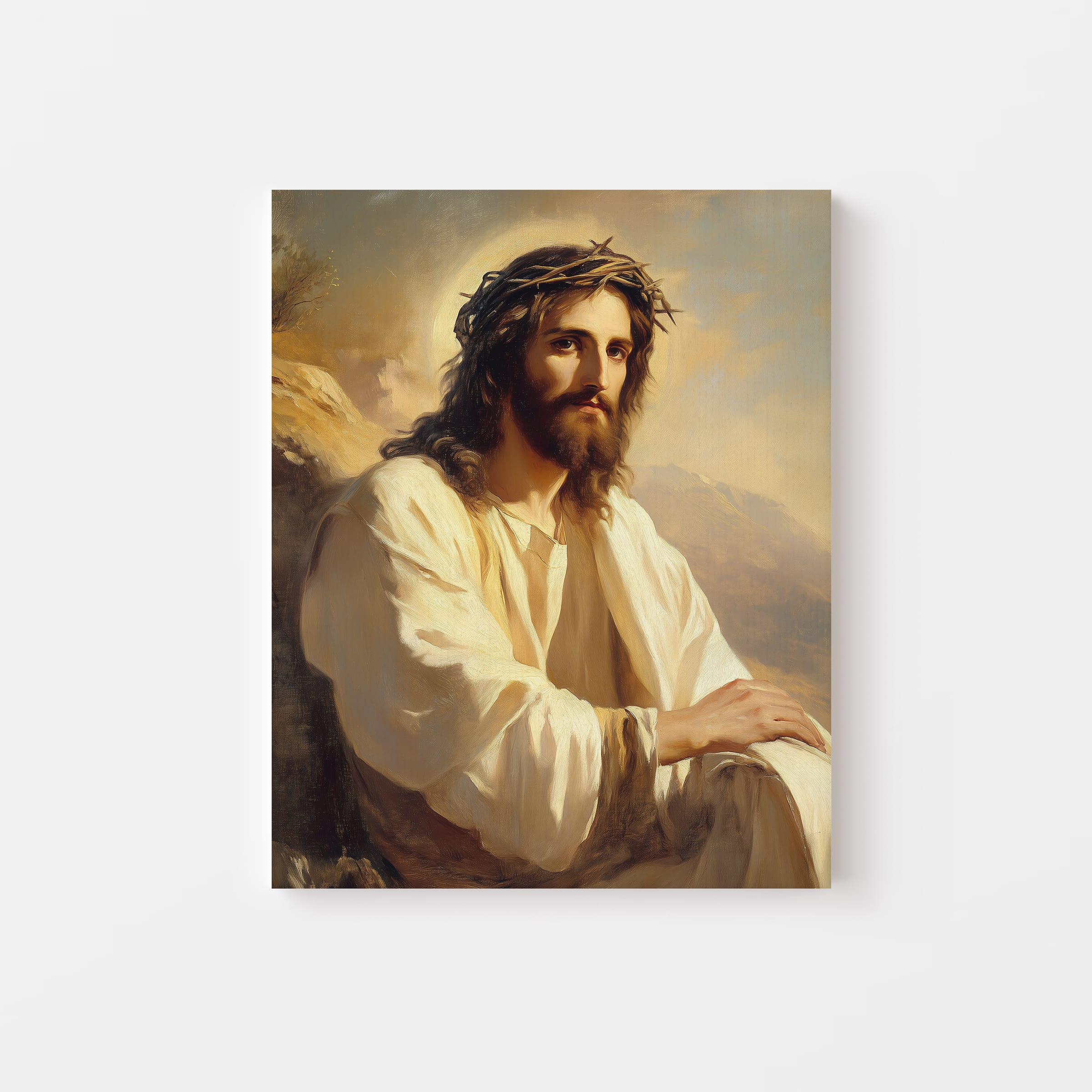 Christian portrait canvas of Jesus with crown of thorns – powerful faith-inspired depiction of sacrifice and redemption