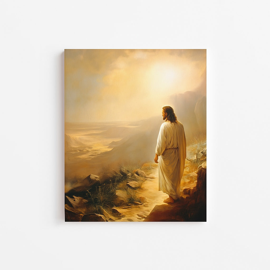 Jesus standing in the desert, bathed in golden light – Christian wall art canvas reflecting solitude and divine calling