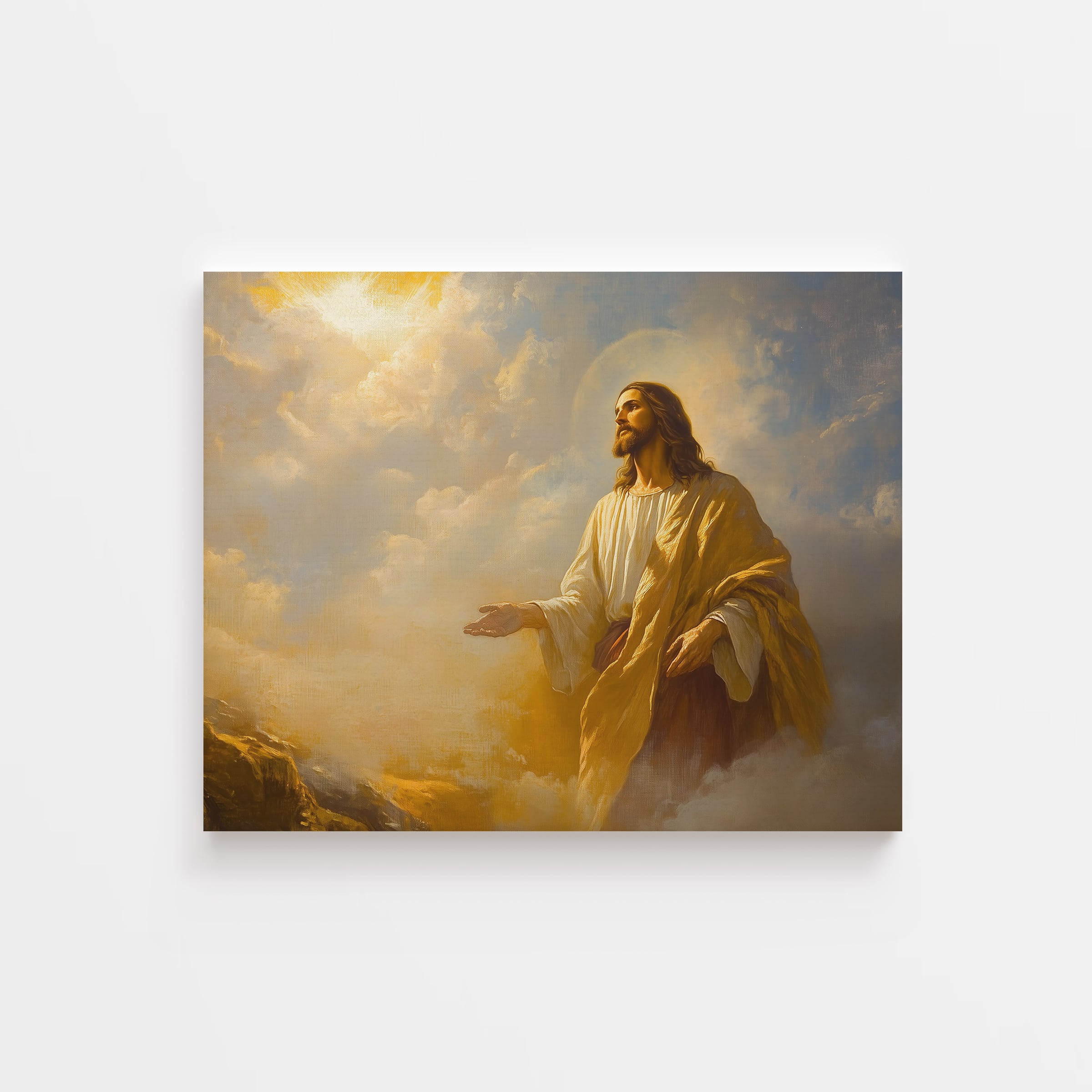 Oil painting of Jesus Christ as the light of the world, standing in golden heavenly light, Christian wall art, inspirational Bible painting by Faith Worldwide