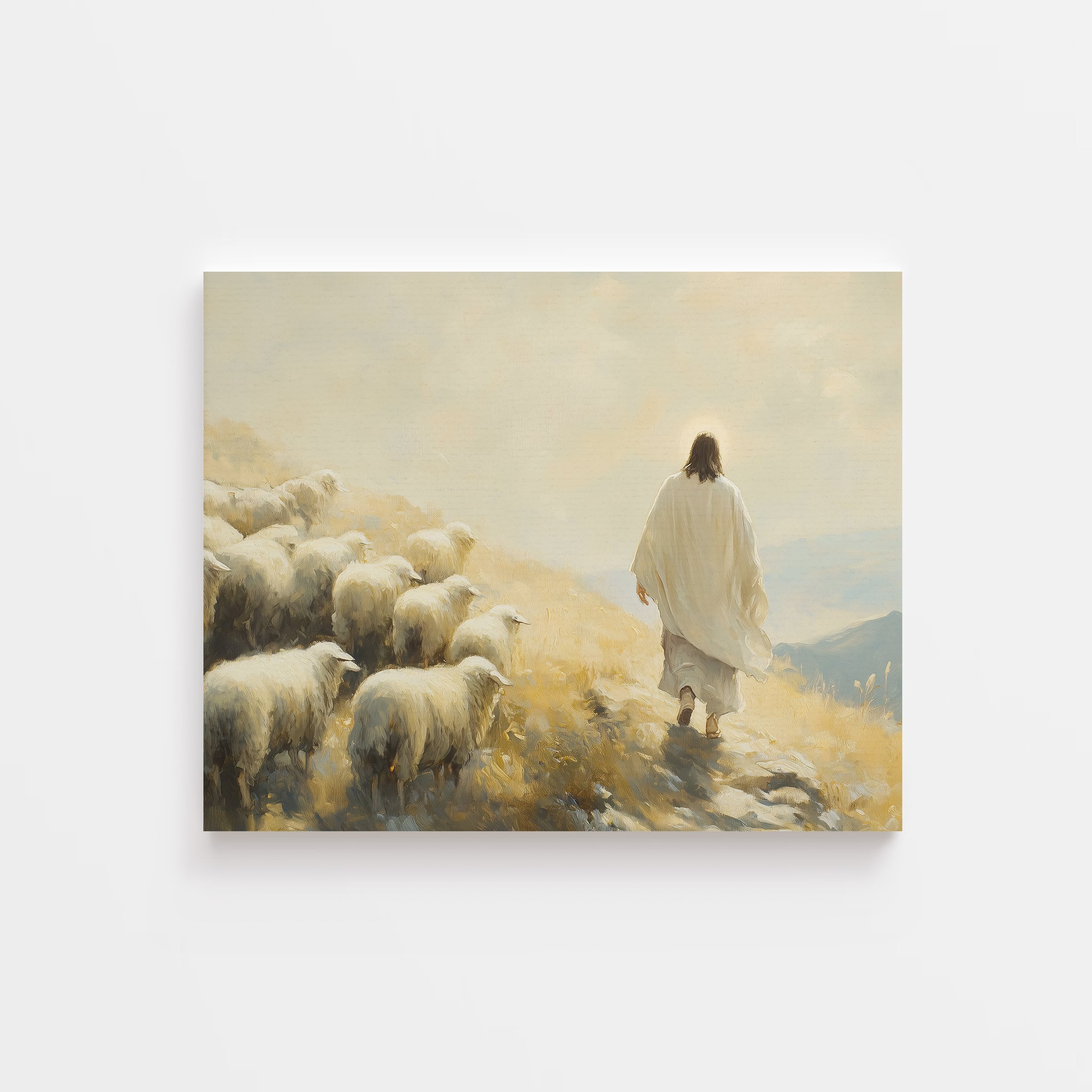 Christian art print of Jesus as the Good Shepherd – faith-based canvas featuring lambs and divine care