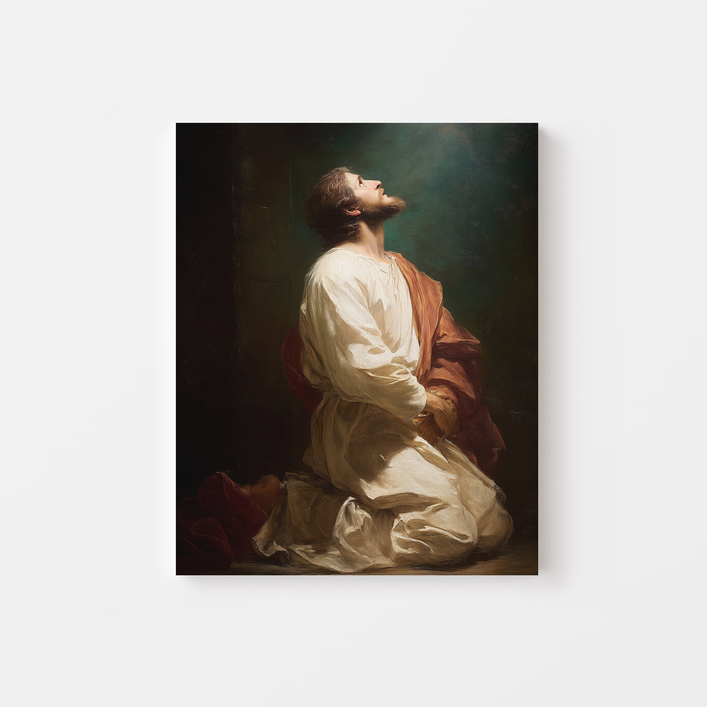 Faith-inspired painting of Jesus praying in the shadows – intense Christian art reflecting surrender and devotion