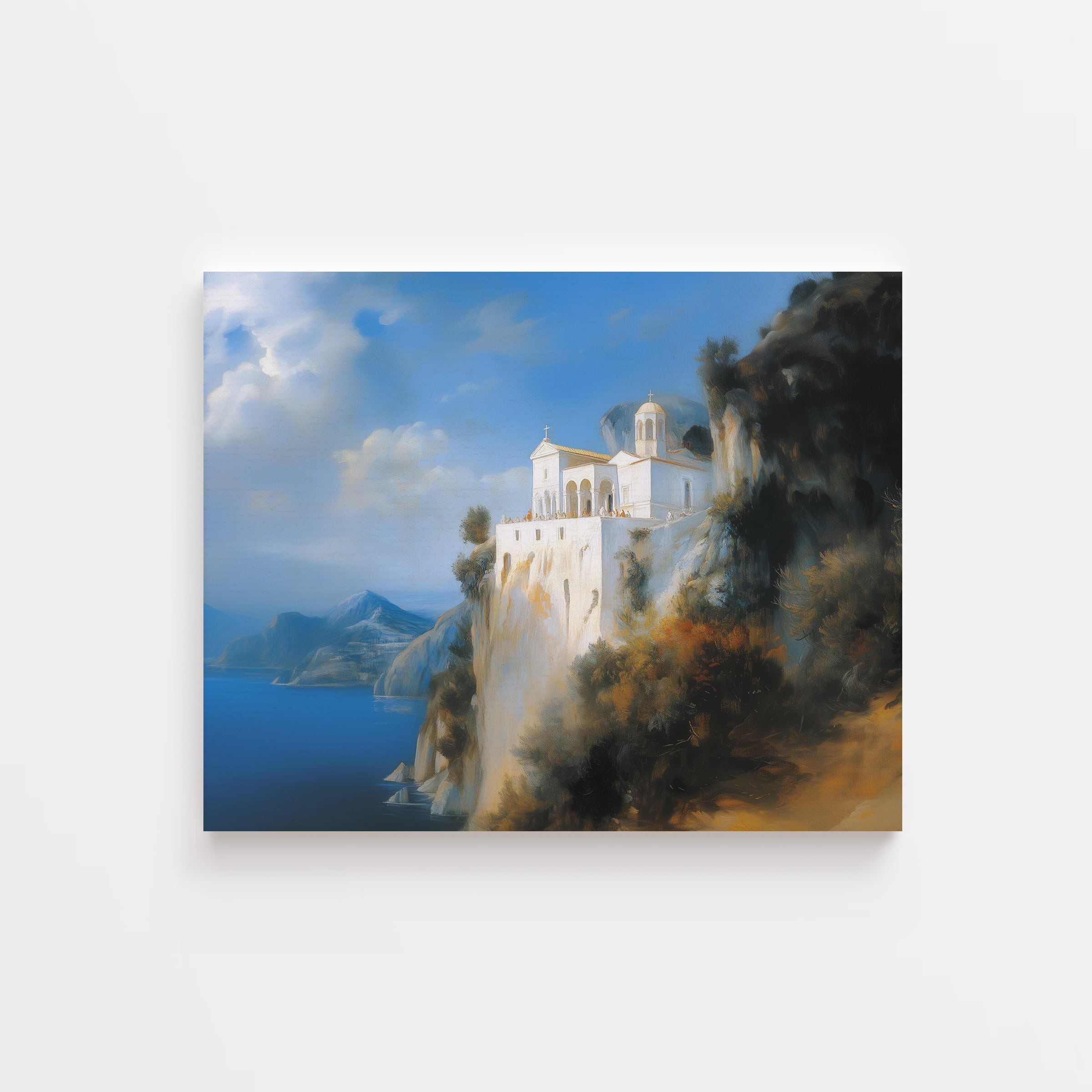 Christian wall art of a white seaside monastery on a cliff – serene canvas inspired by faith and Mediterranean beauty