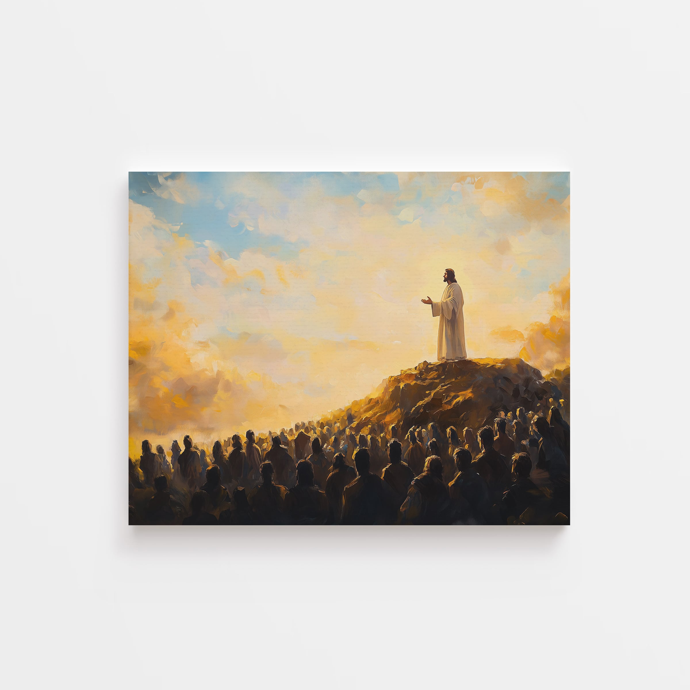 Christian wall art of Jesus preaching the Sermon on the Mount – faith-inspired crowd scene at sunrise