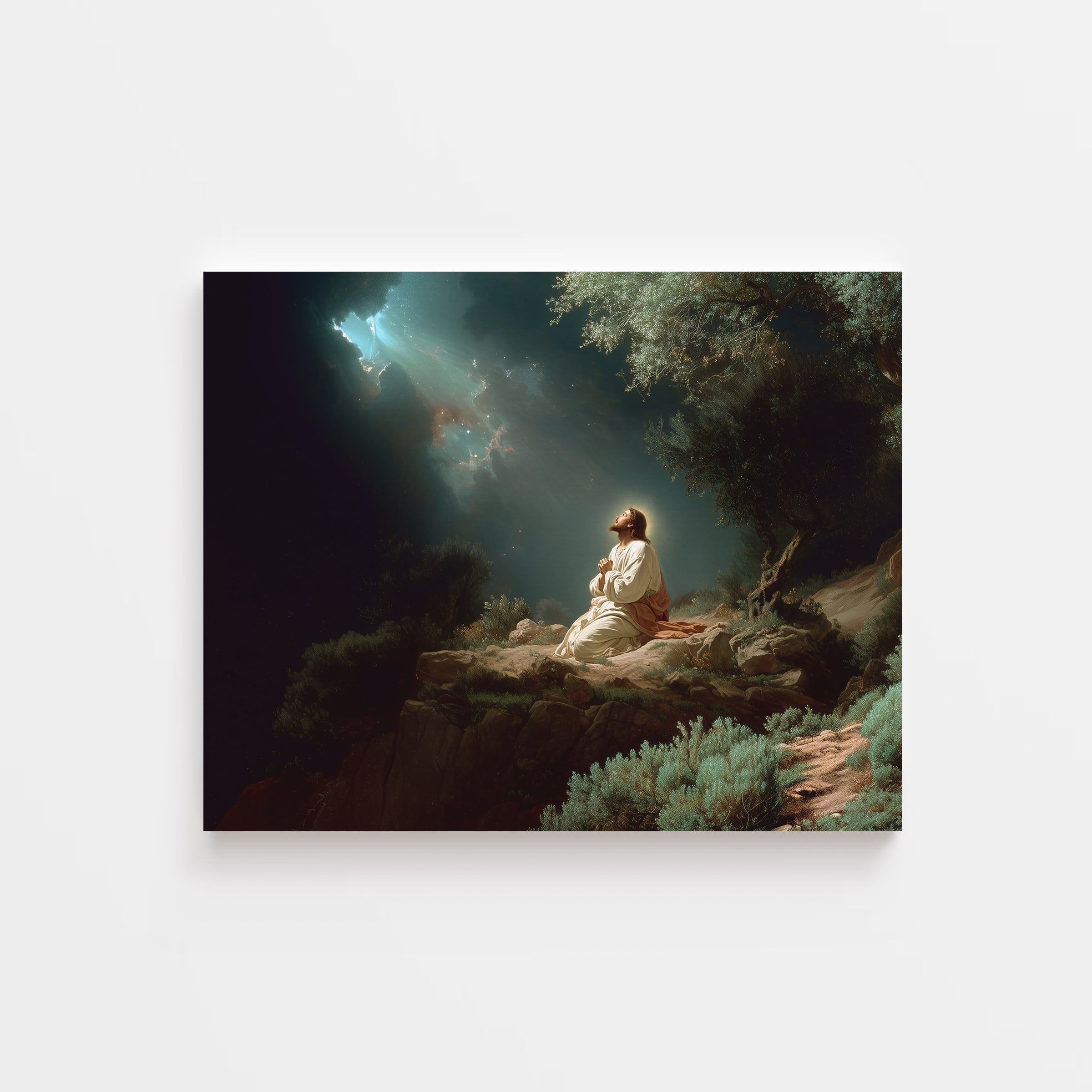 Jesus praying in the Garden of Gethsemane under heavenly light – faith-inspired Christian canvas art
