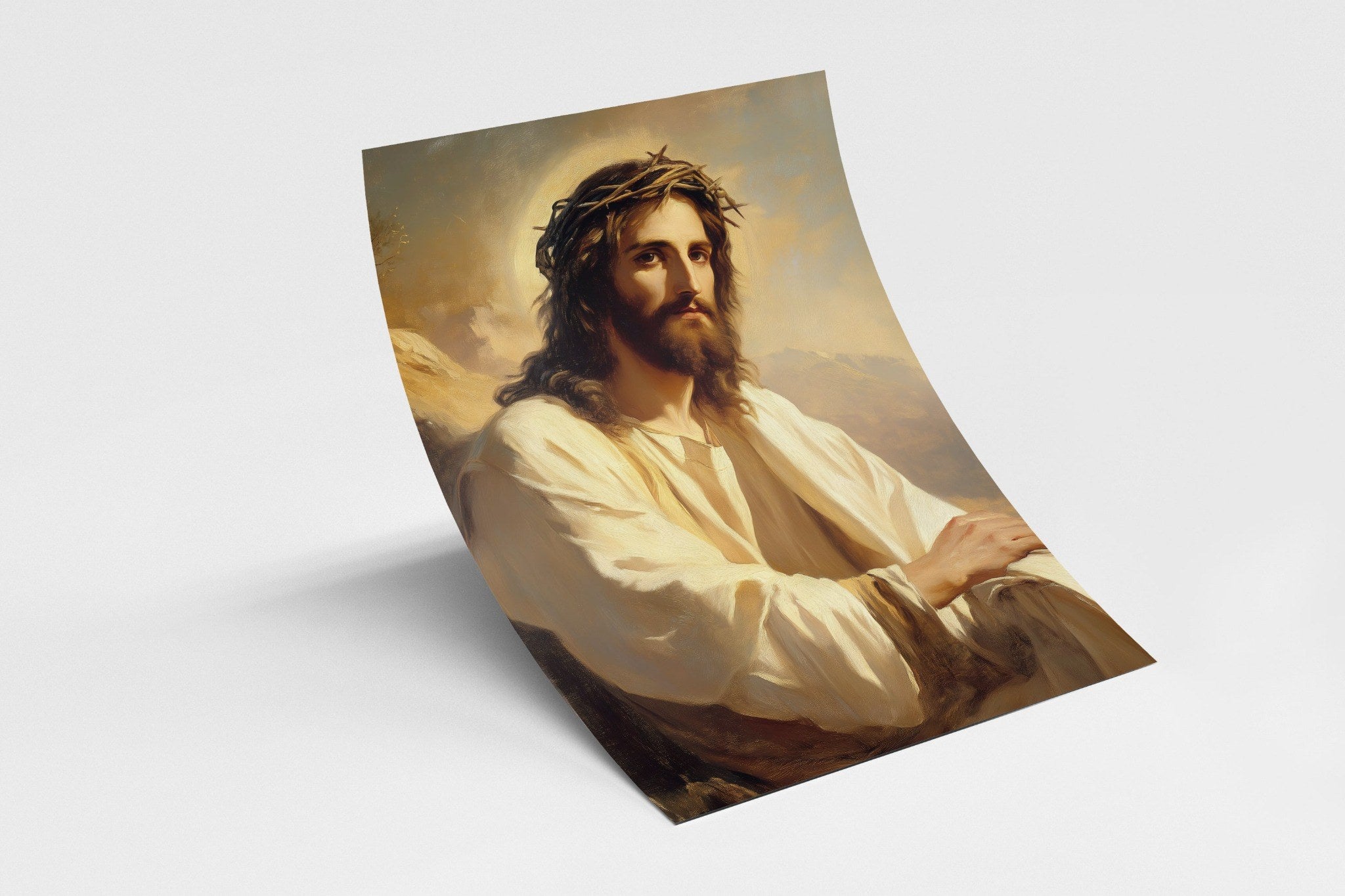 Portrait of Jesus wearing a crown of thorns – emotional Christian art capturing suffering, grace, and redemption.