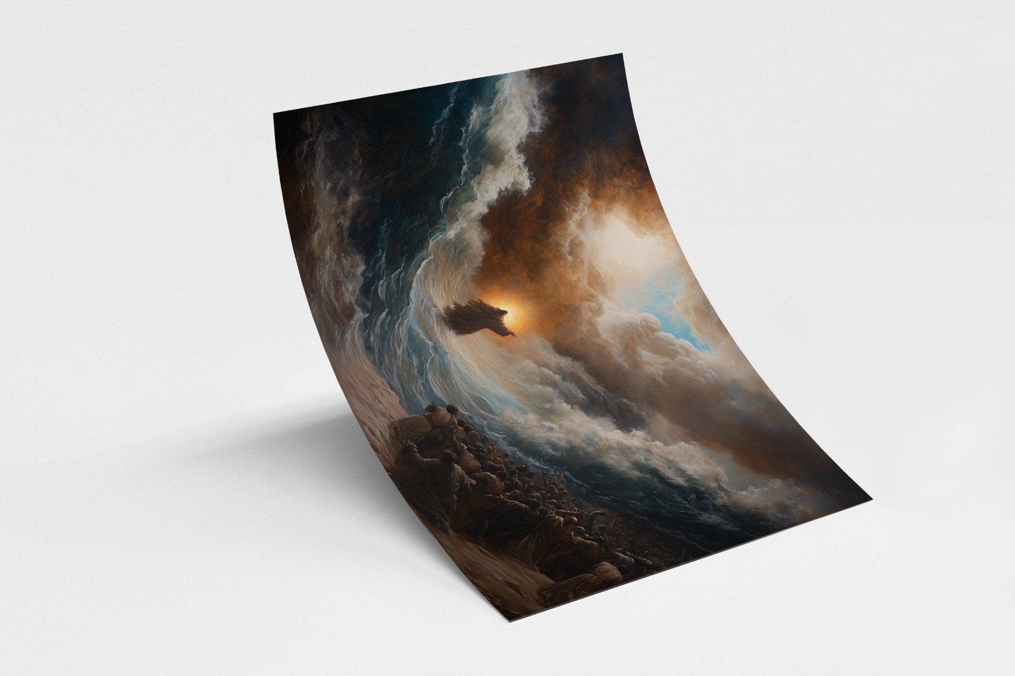 Epic biblical scene of Moses parting the Red Sea – dramatic and inspirational Christian wall decor.