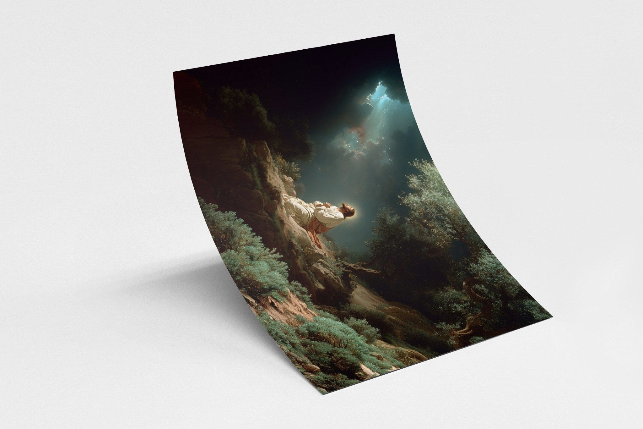 Jesus in quiet prayer against a glowing sky – serene Christian wall art for sacred spaces.