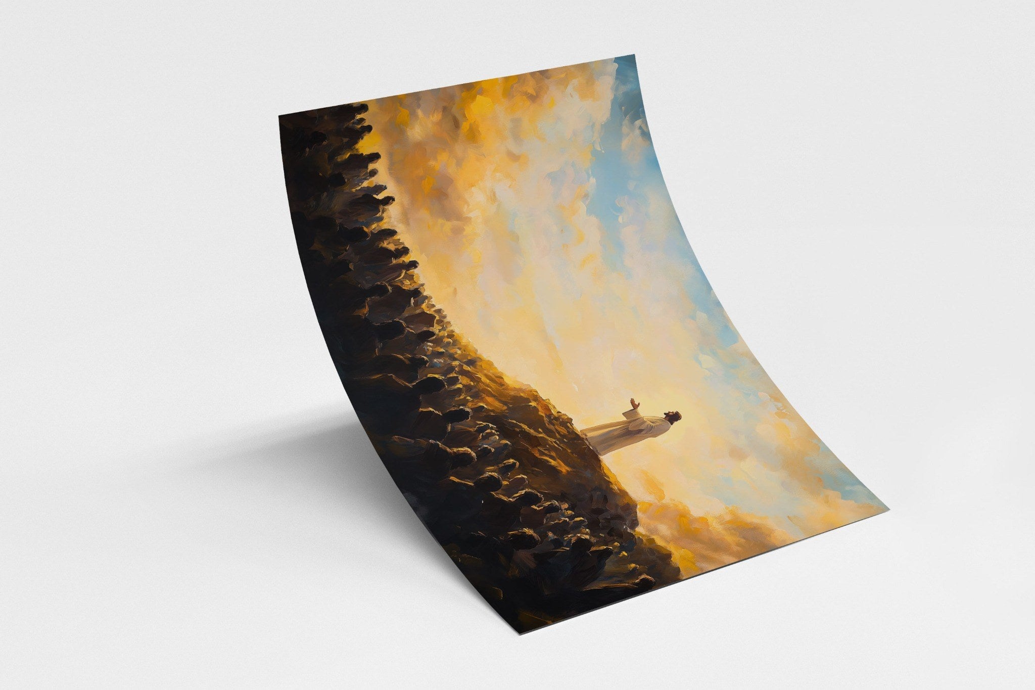 Jesus teaching a large crowd at sunset – inspirational Christian artwork celebrating faith and guidance.