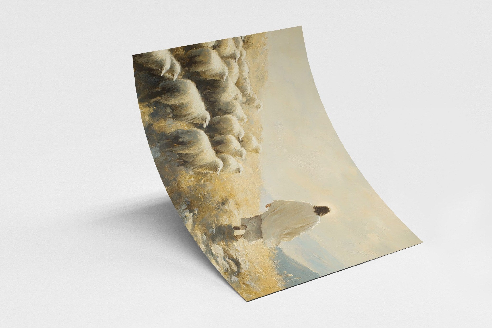 Fine art poster of Jesus walking with a flock of sheep, illustrating the parable of the lost sheep – Christian canvas wall art by Faith Worldwide.