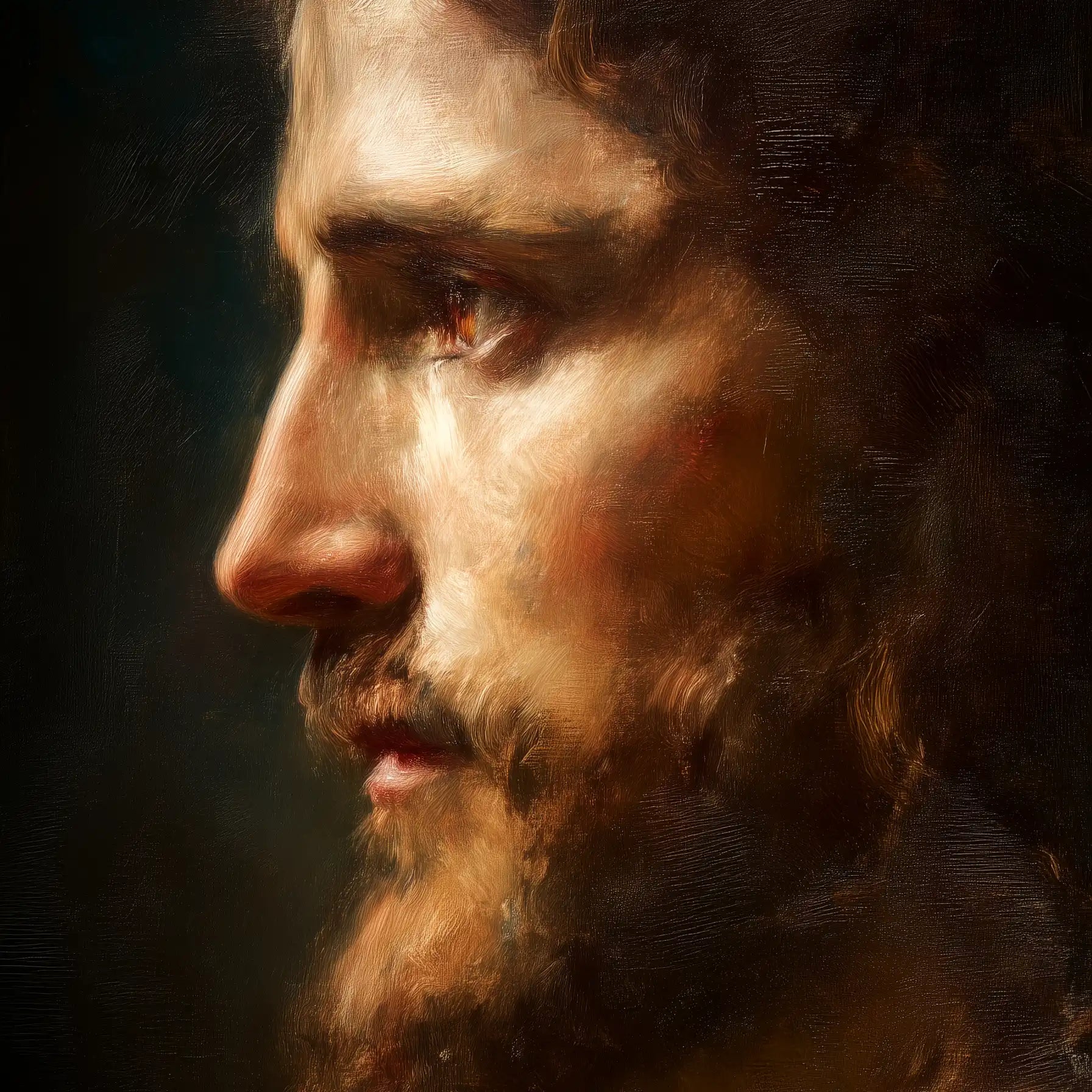 Close-up portrait of Jesus Christ from “Alpha and Omega,” painted in classical oil style with lifelike texture and divine light. Faith Worldwide sacred art inspired by John 8:12 — the light of the world.