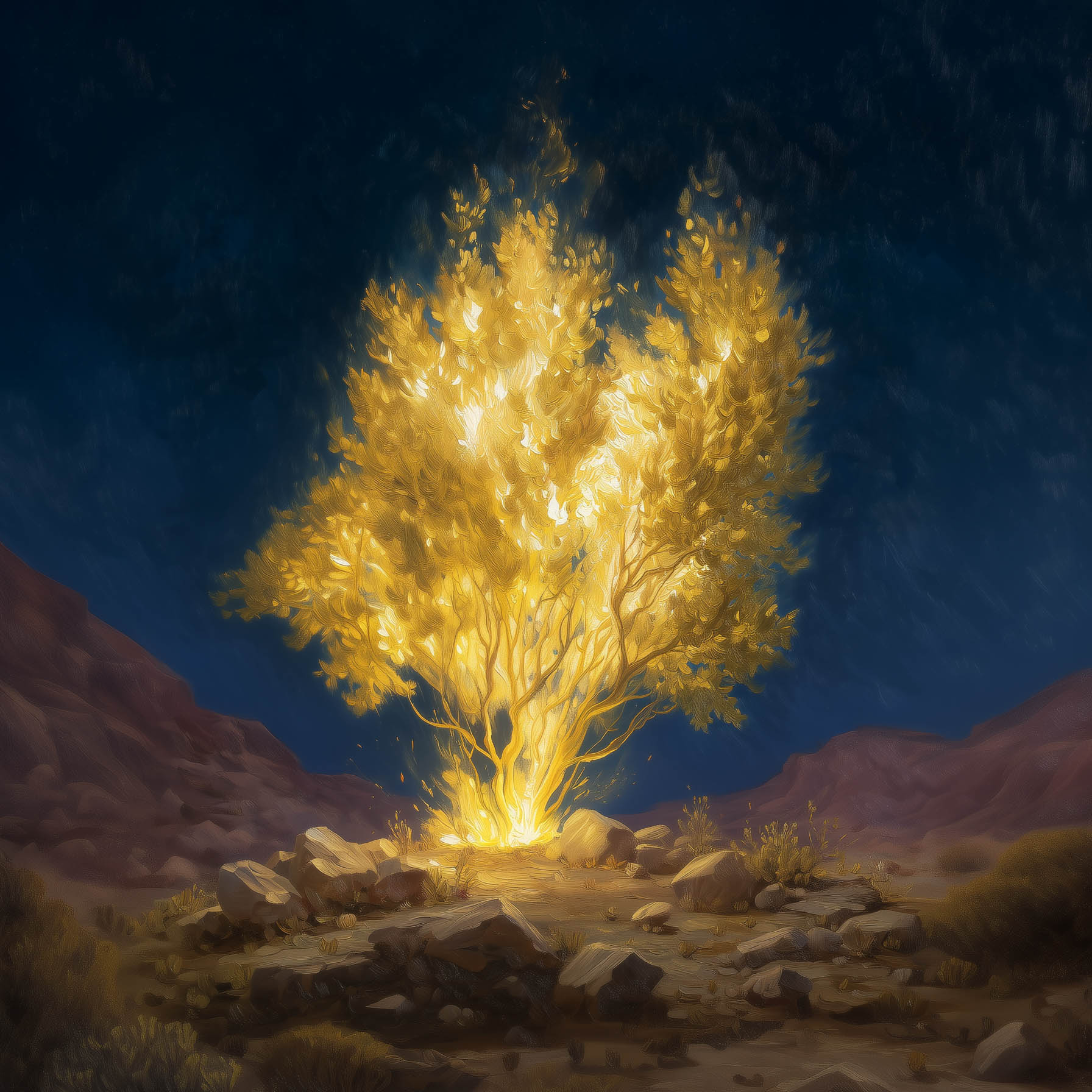Biblical artwork of Moses at the Burning Bush, Christian fine art painting inspired by Exodus 3.