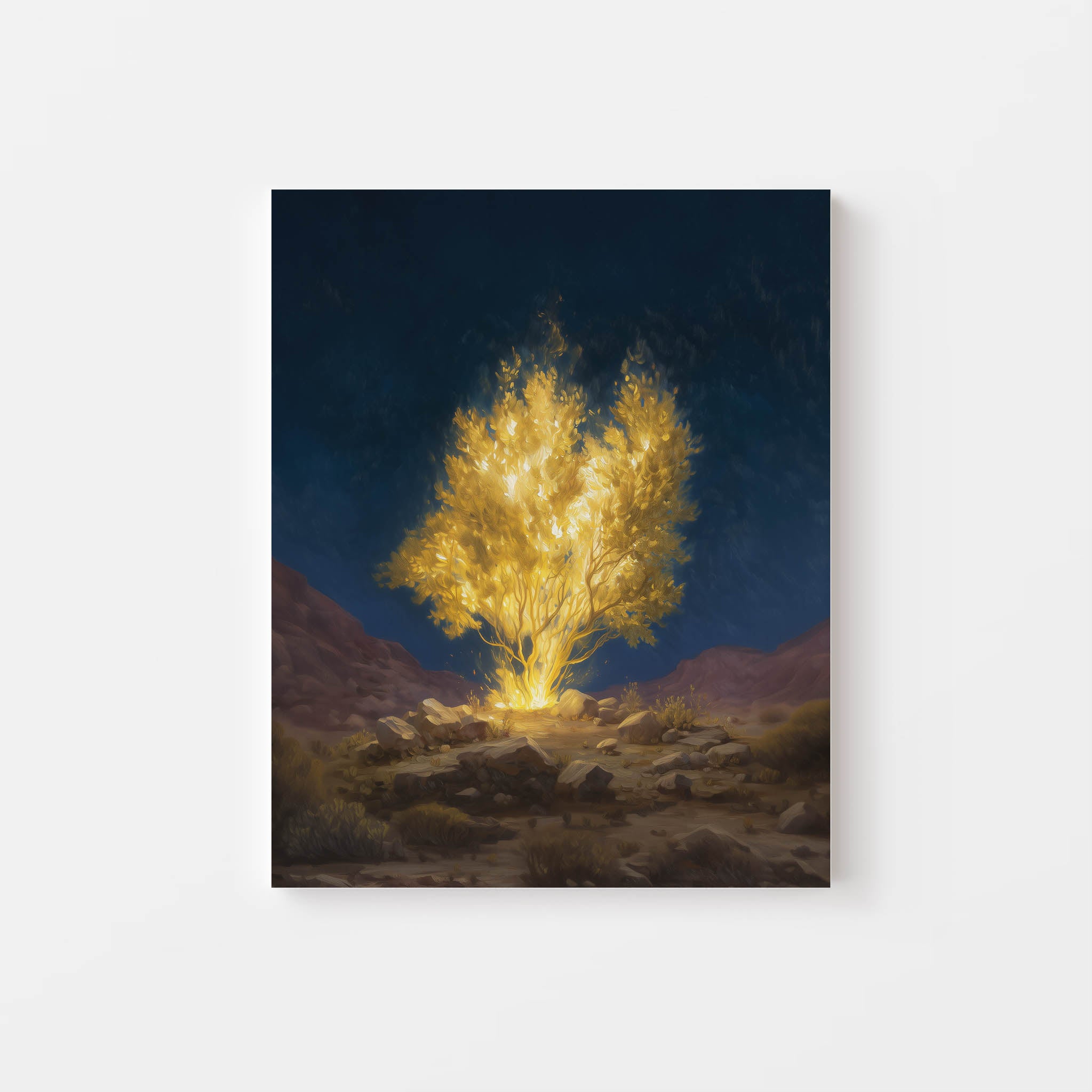 Burning Bush artwork mockup – Moses biblical painting as Christian wall art poster or canvas.