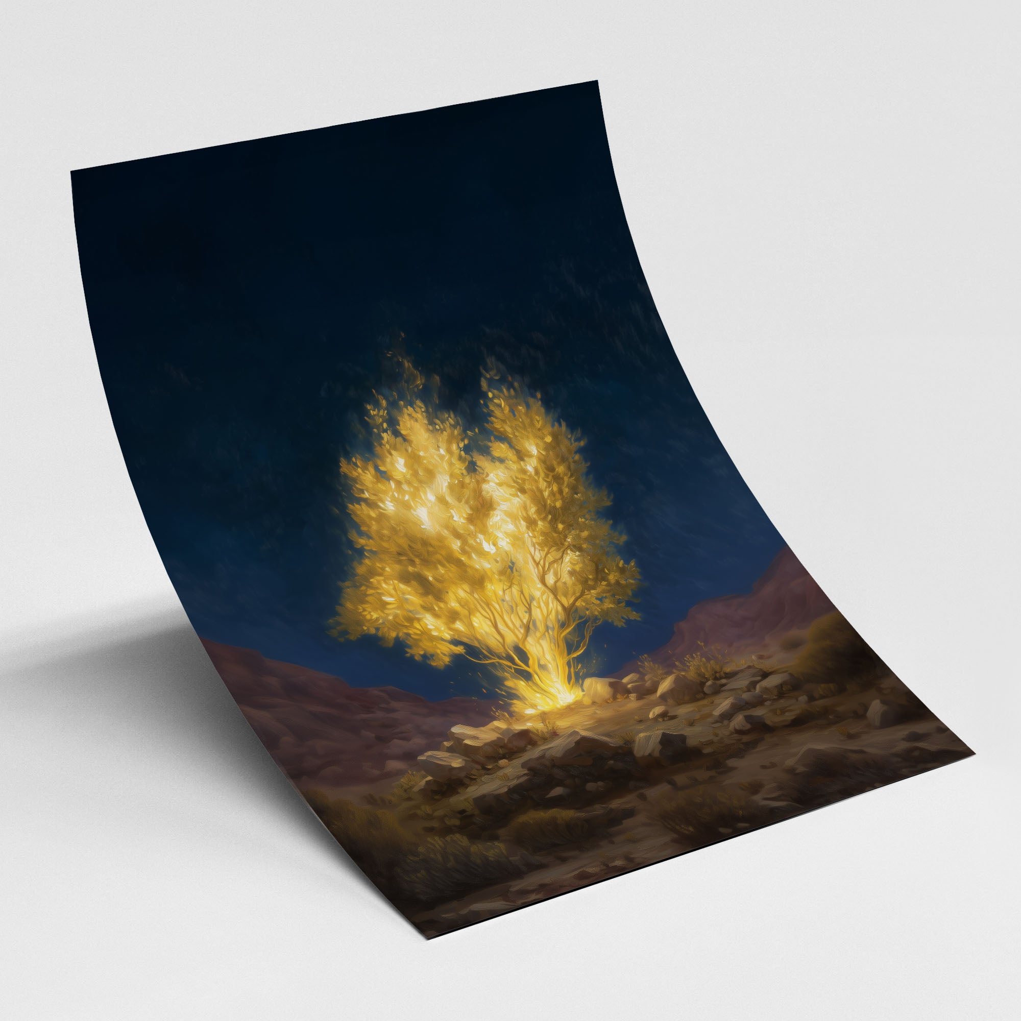 Christian poster of Moses and the Burning Bush, fine art biblical wall print by Faith Worldwide.