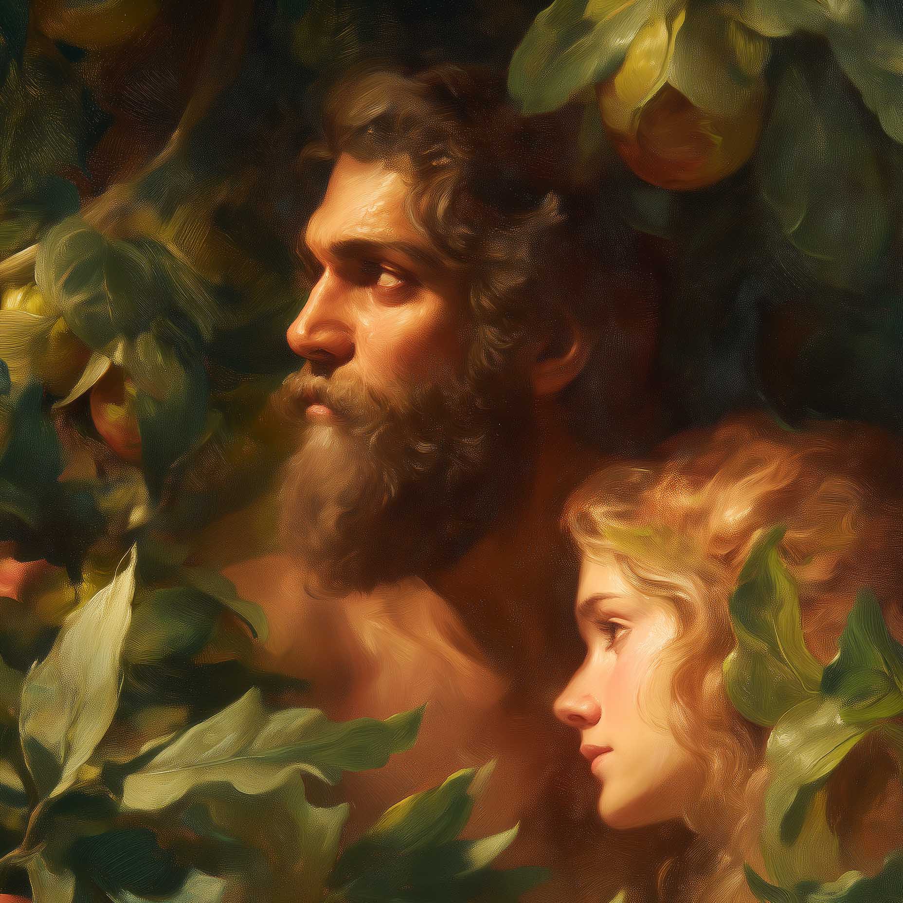 Christian art painting of Adam and Eve in the Garden of Eden, biblical wall art print from Faith Worldwide.