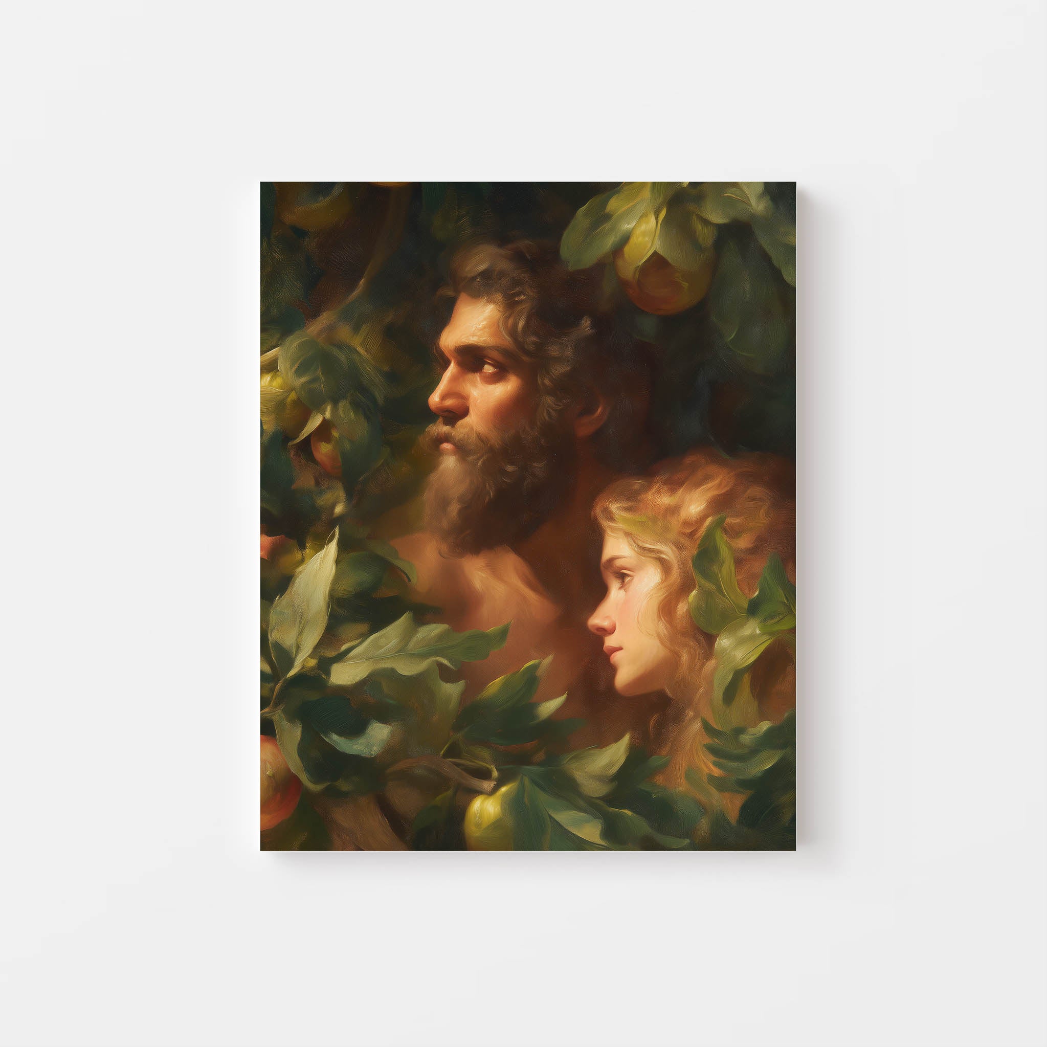 Adam and Eve artwork mockup – Christian wall art inspired by the Bible, exclusive print by Faith Worldwide.