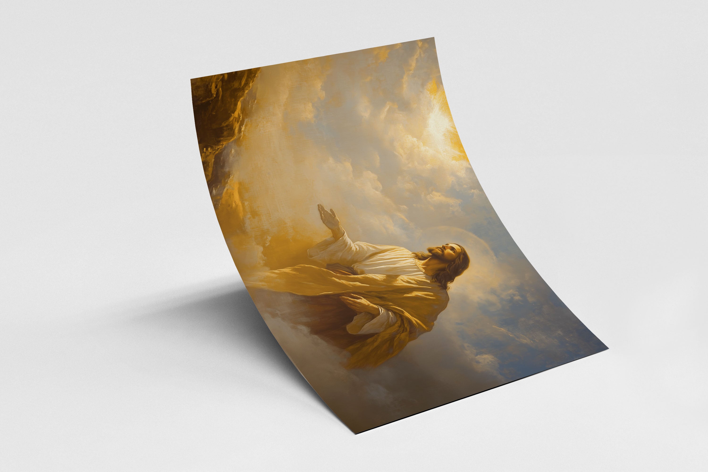 Christian poster print of Jesus Christ, the Light of the World, standing in golden heavenly light, inspirational Bible wall art by Faith Worldwide