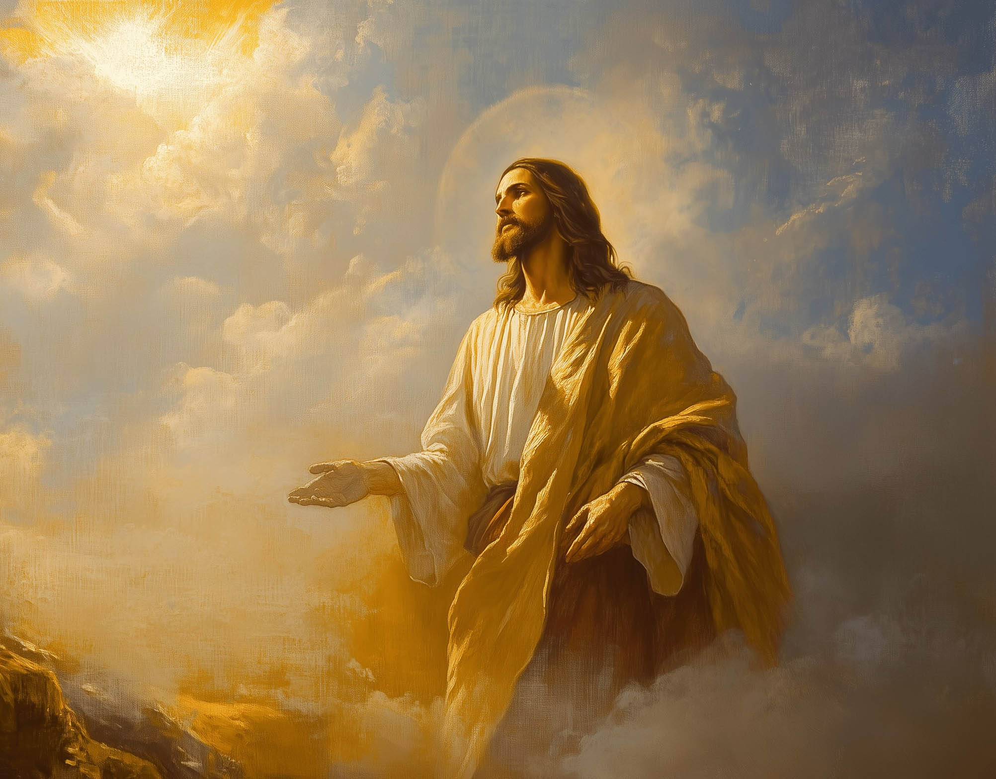Inspirational oil painting of Jesus Christ as the Light of the World, standing in golden heavenly light among clouds, Christian wall art and Bible-inspired decor by Faith Worldwide