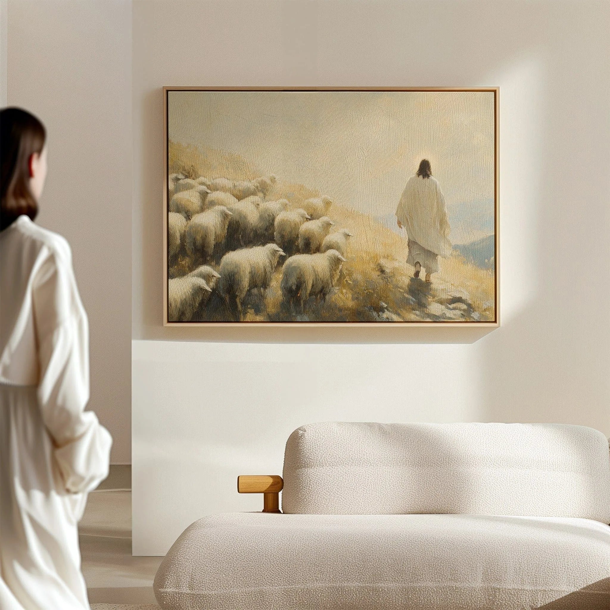Christian wall art print of Jesus and the boy with loaves and fishes displayed on textured beige wall – faith based home decor canvas artwork