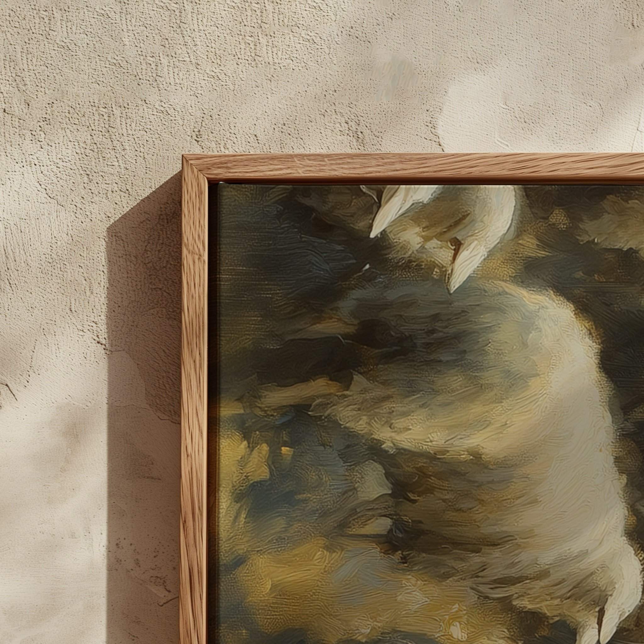 Close-up of a sheep painting showing detailed brush strokes and canvas texture – rustic Christian art for home decoration