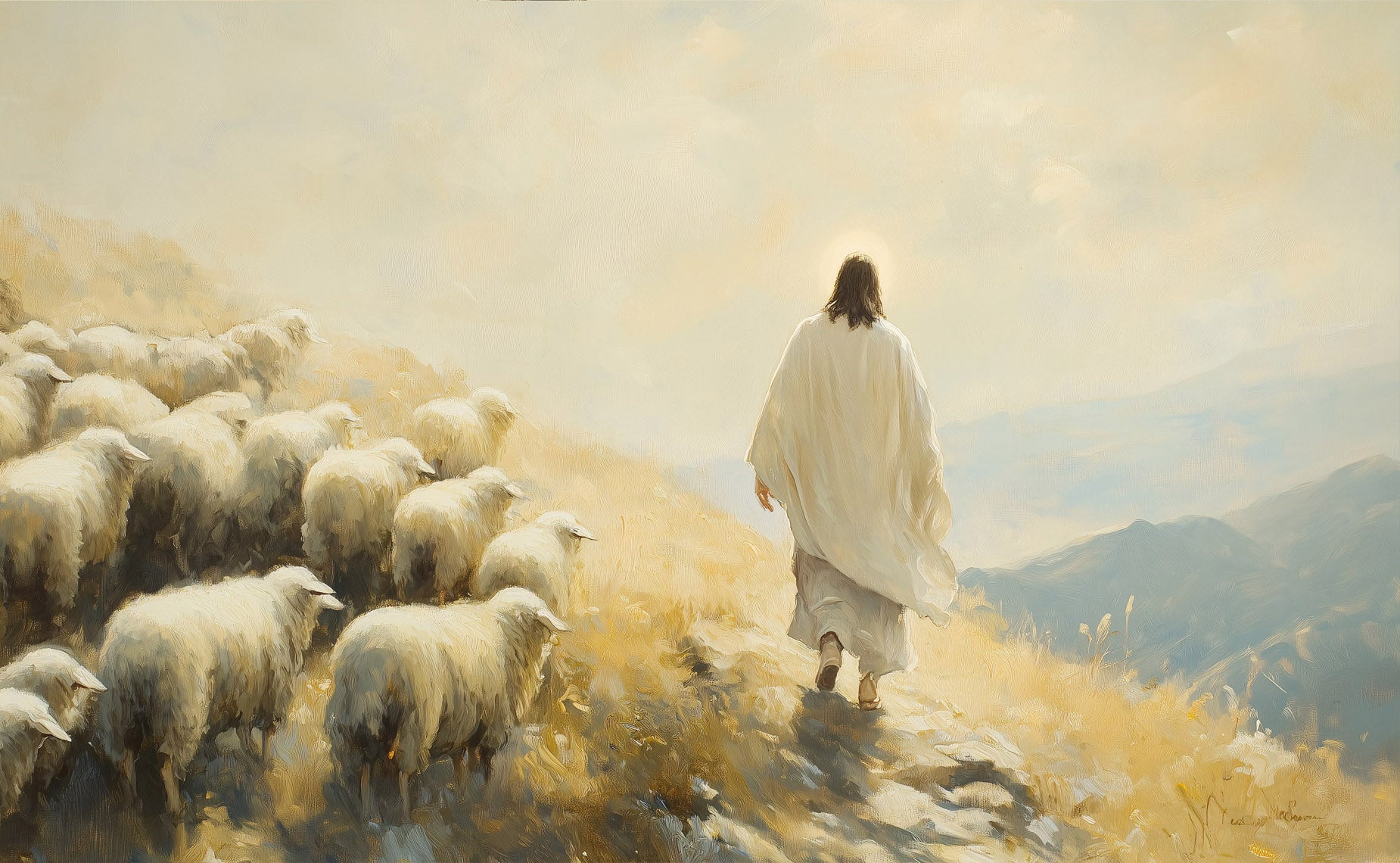 Jesus leaves the ninety-nine to save the one – Christian wall art inspired by Luke 15:4. Fine art print or canvas for faith-filled homes, featuring the Good Shepherd with sheep. Faith Worldwide exclusive.
