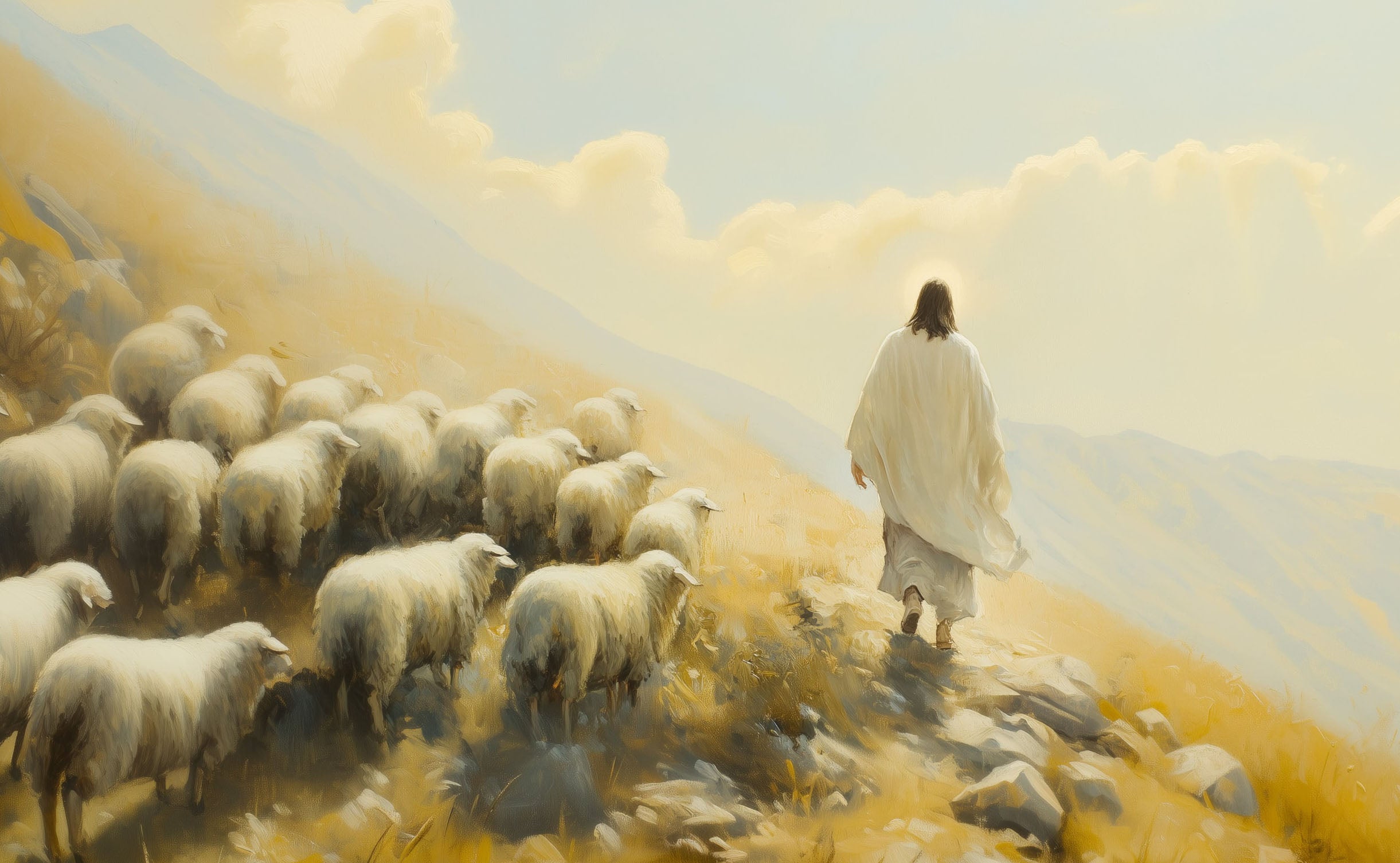 Jesus leaves the ninety-nine to save the one – Christian wall art inspired by Luke 15:4. Fine art print or canvas for faith-filled homes, featuring the Good Shepherd with sheep. Faith Worldwide exclusive.