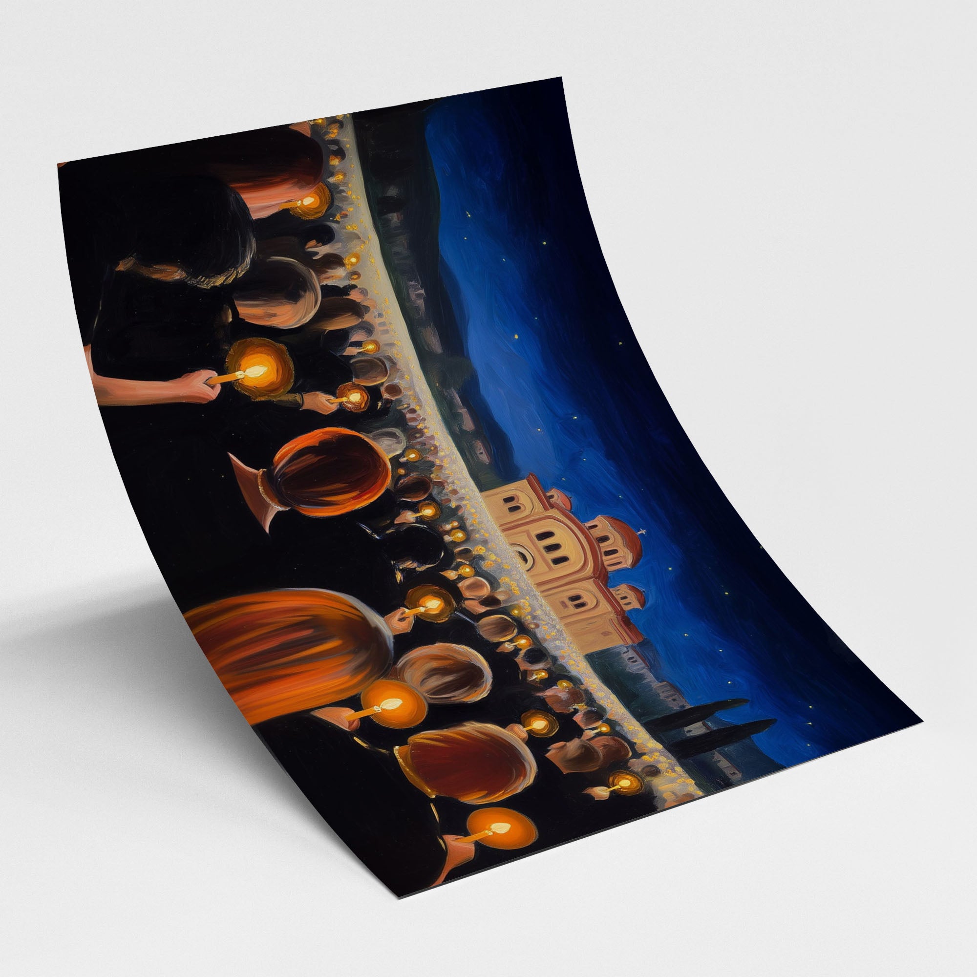 Fine Art Poster – Orthodoxes Osterfest mit Gläubigen und Kerzen vor byzantinischer Kirche – Christliche Wandkunst von Faith Worldwide