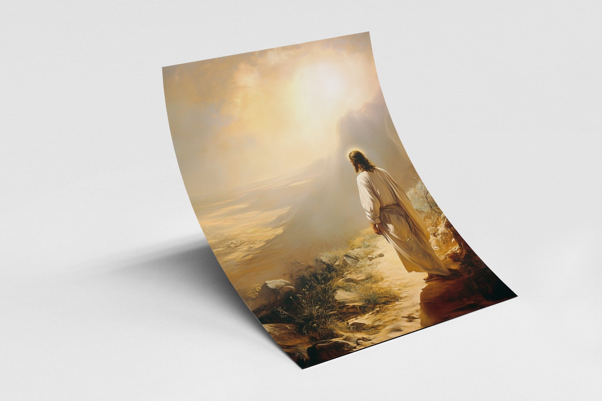 Christian artwork of Jesus walking through the wilderness, symbolizing solitude, strength, and divine purpose – powerful faith-based wall art for homes or devotion spaces.