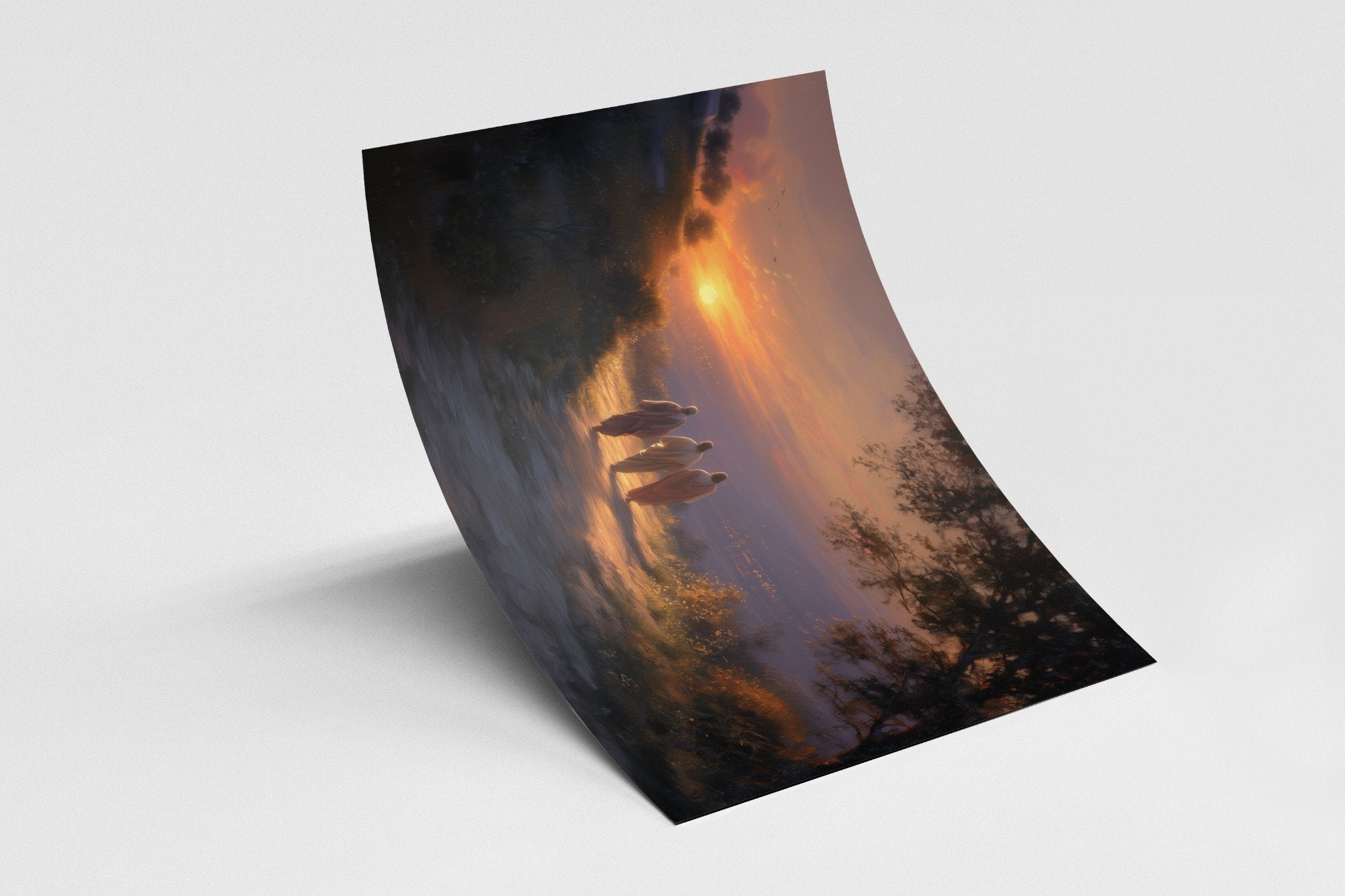 Christian wall art poster showing the walk to Emmaus at sunset with Jesus and two disciples – inspirational canvas print from Faith Worldwide