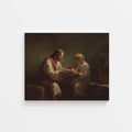Jesus giving a basket of bread to a child – symbolic Christian art of charity, love, and compassion