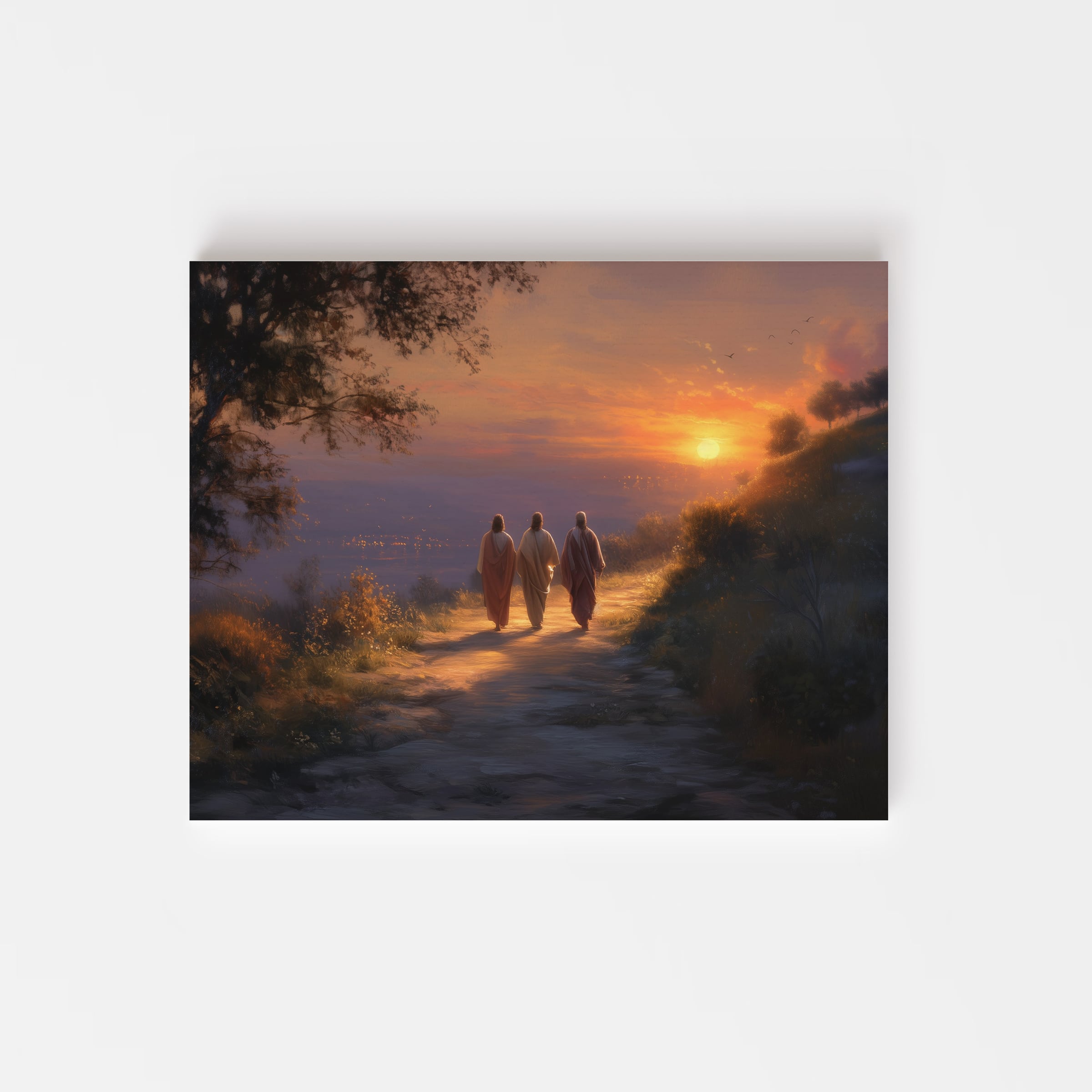 Christian wall art of Jesus walking with two disciples on the road to Emmaus at sunset – Bible-inspired faith canvas symbolizing revelation and hope