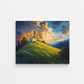 Canvas artwork of a sunlit countryside church on a hill – Christian landscape art capturing divine peace, glowing skies, and rural serenity