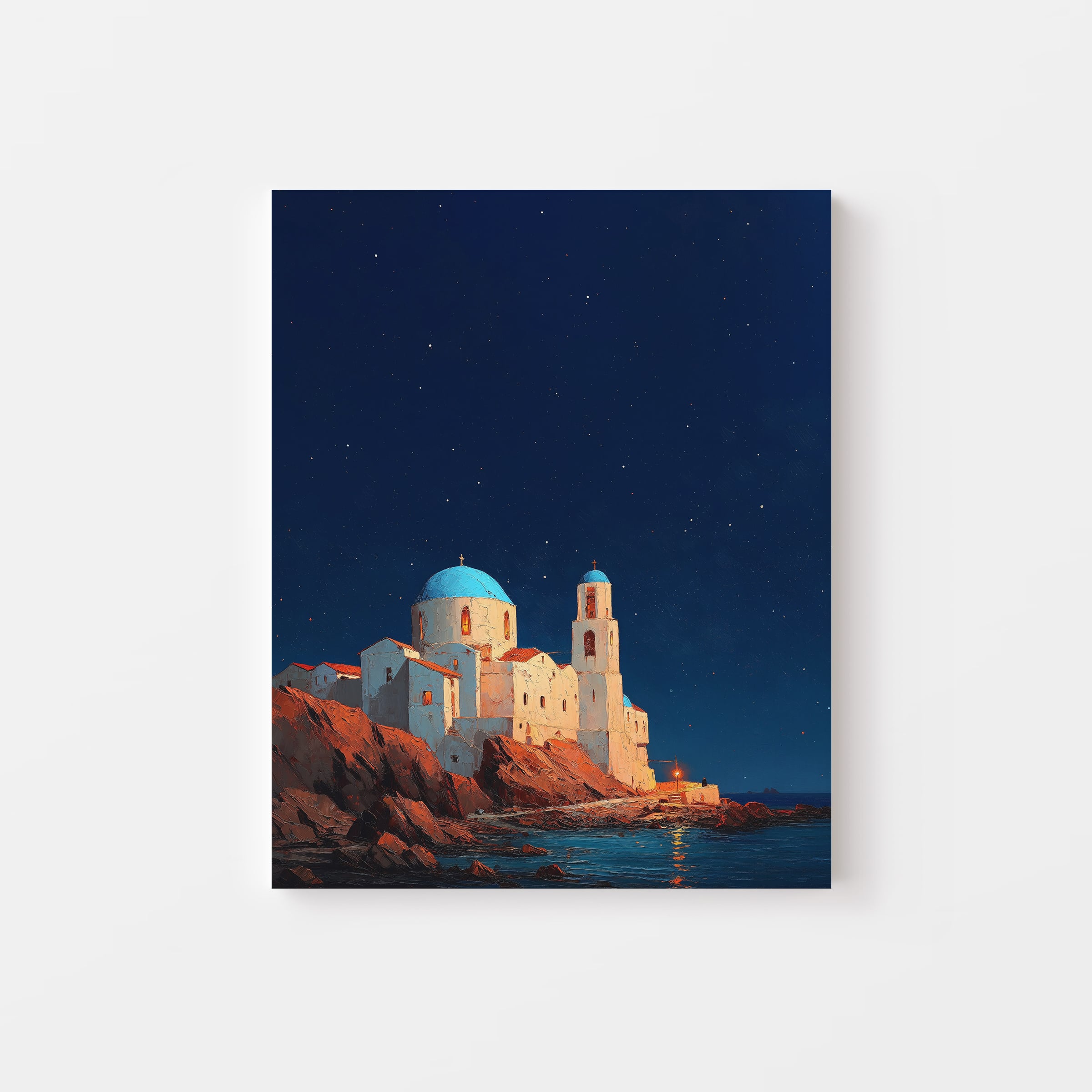 Greek church under a starry night sky – spiritual Christian canvas with serene, celestial atmosphere