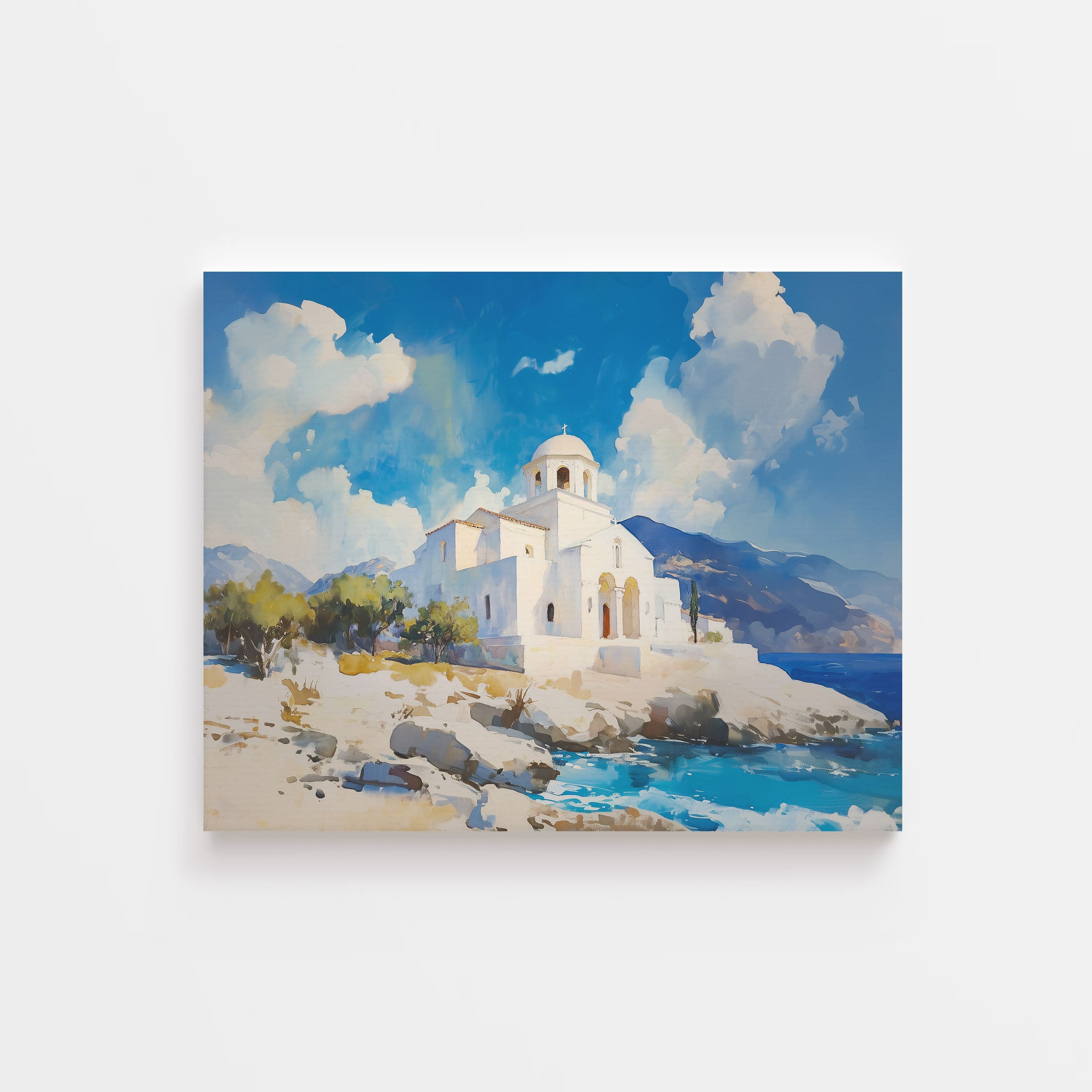 Bright white Greek Orthodox church by the sea – Christian architecture wall art in a coastal setting